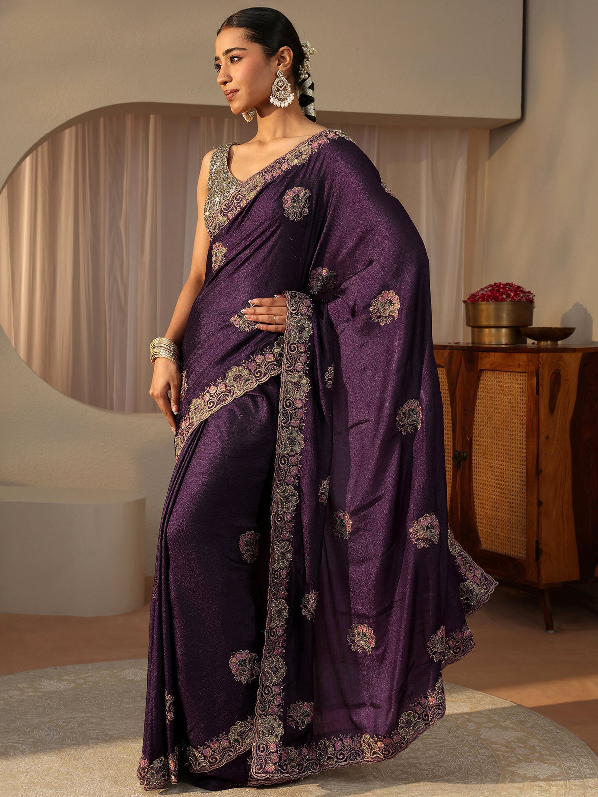 Anouk Purple Floral Embroidered Glossy Chiffon Saree