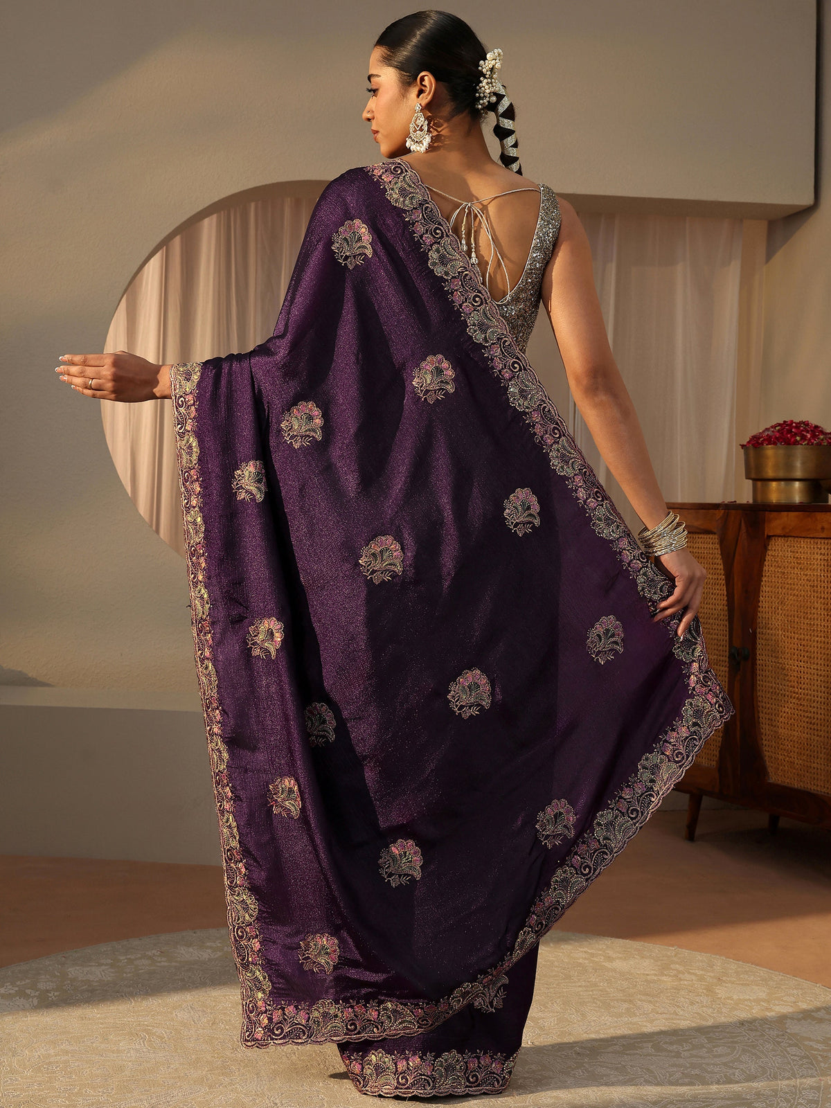 Anouk Purple Floral Embroidered Glossy Chiffon Saree