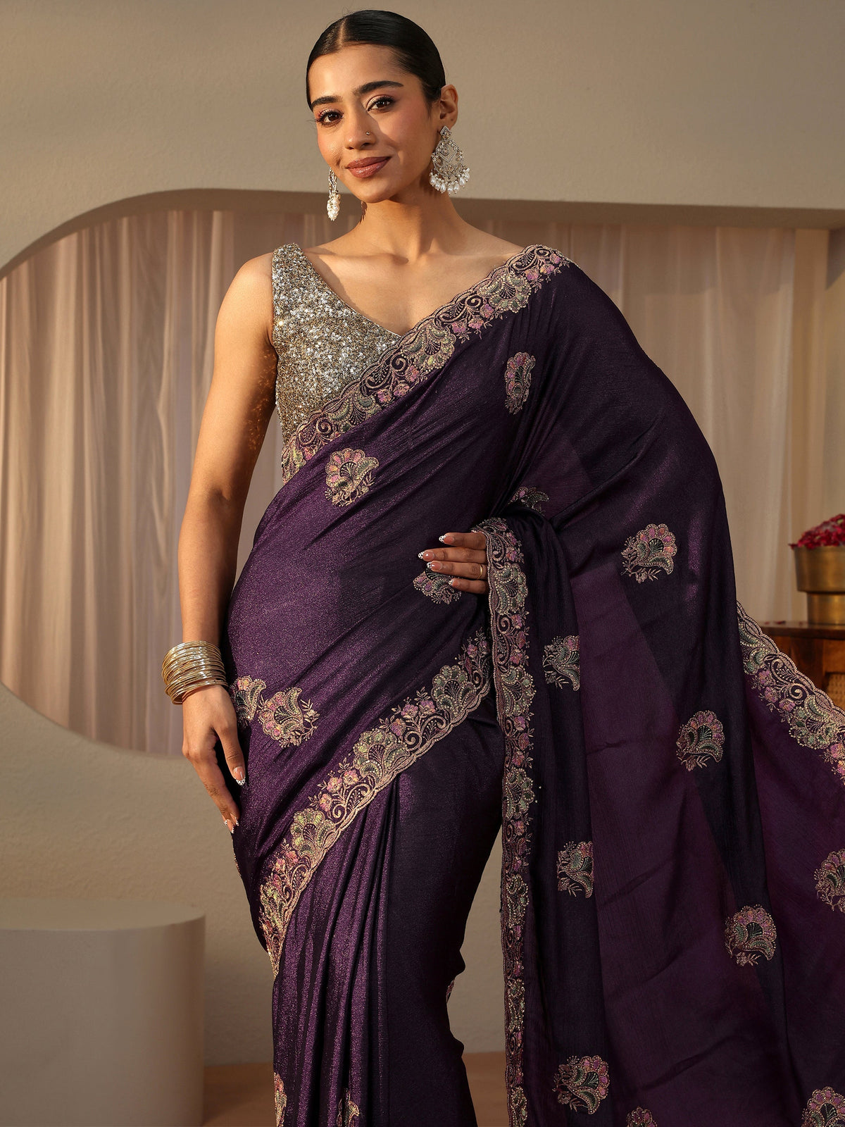 Anouk Purple Floral Embroidered Glossy Chiffon Saree