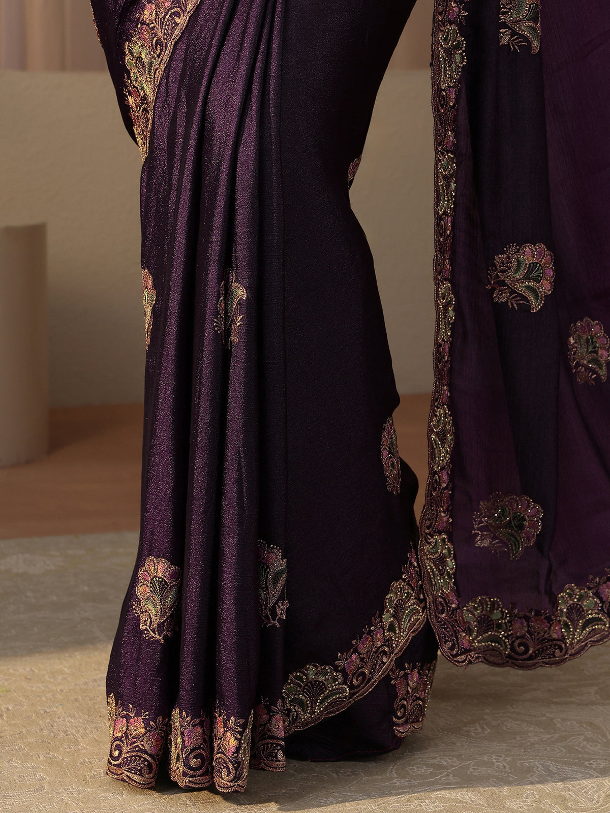 Anouk Purple Floral Embroidered Glossy Chiffon Saree