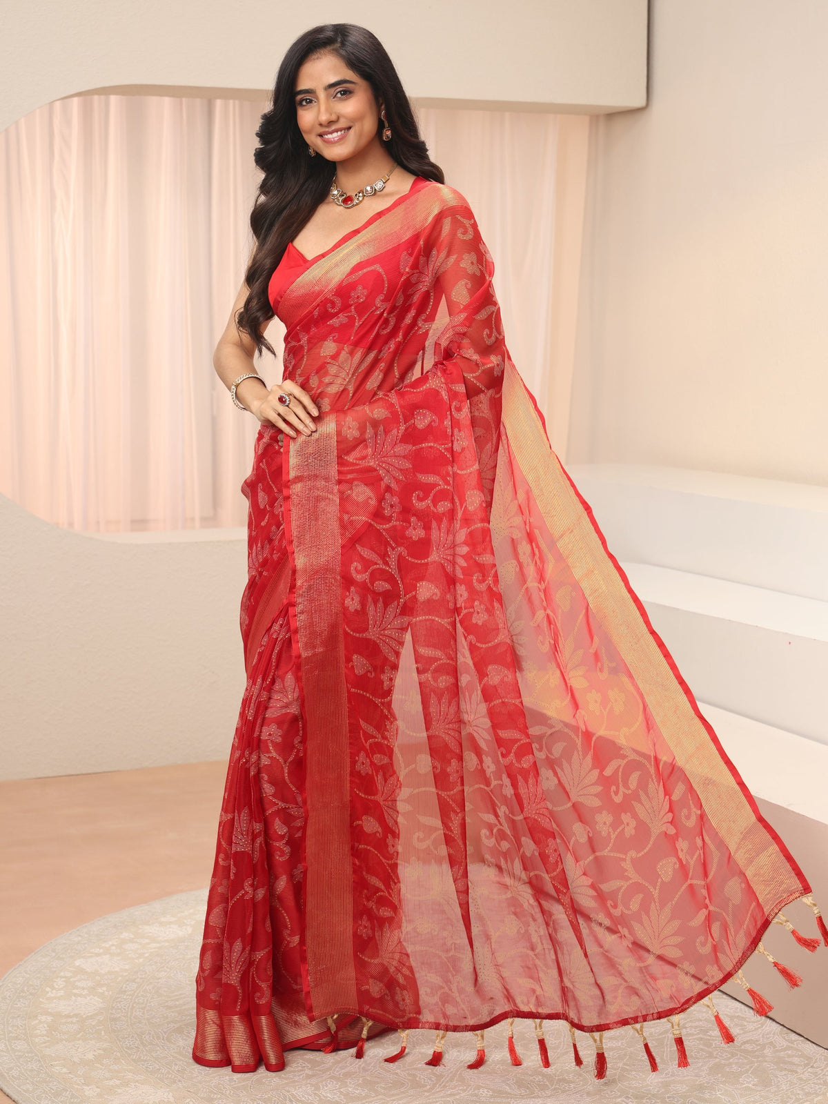 Anouk Red Floral Printed Silk Blend Tassel Saree