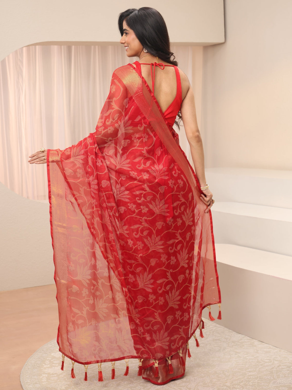 Anouk Red Floral Printed Silk Blend Tassel Saree