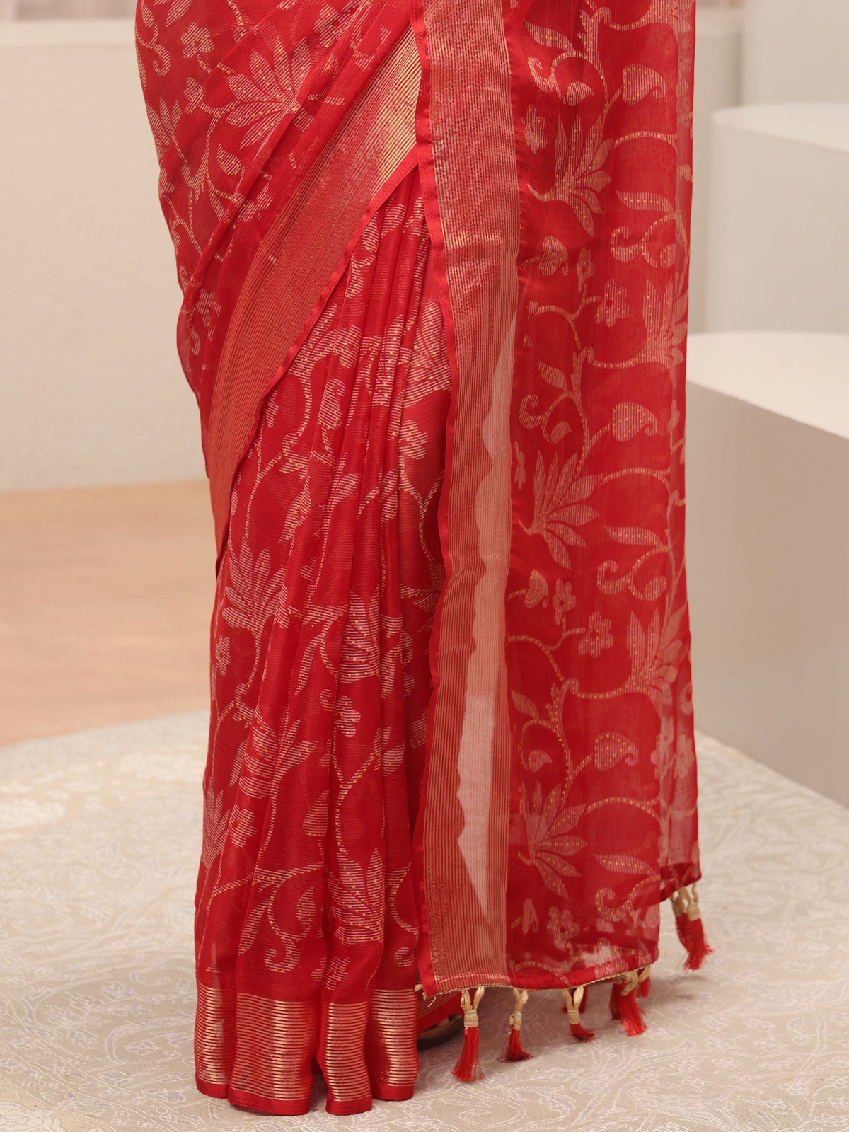 Anouk Red Floral Printed Silk Blend Tassel Saree