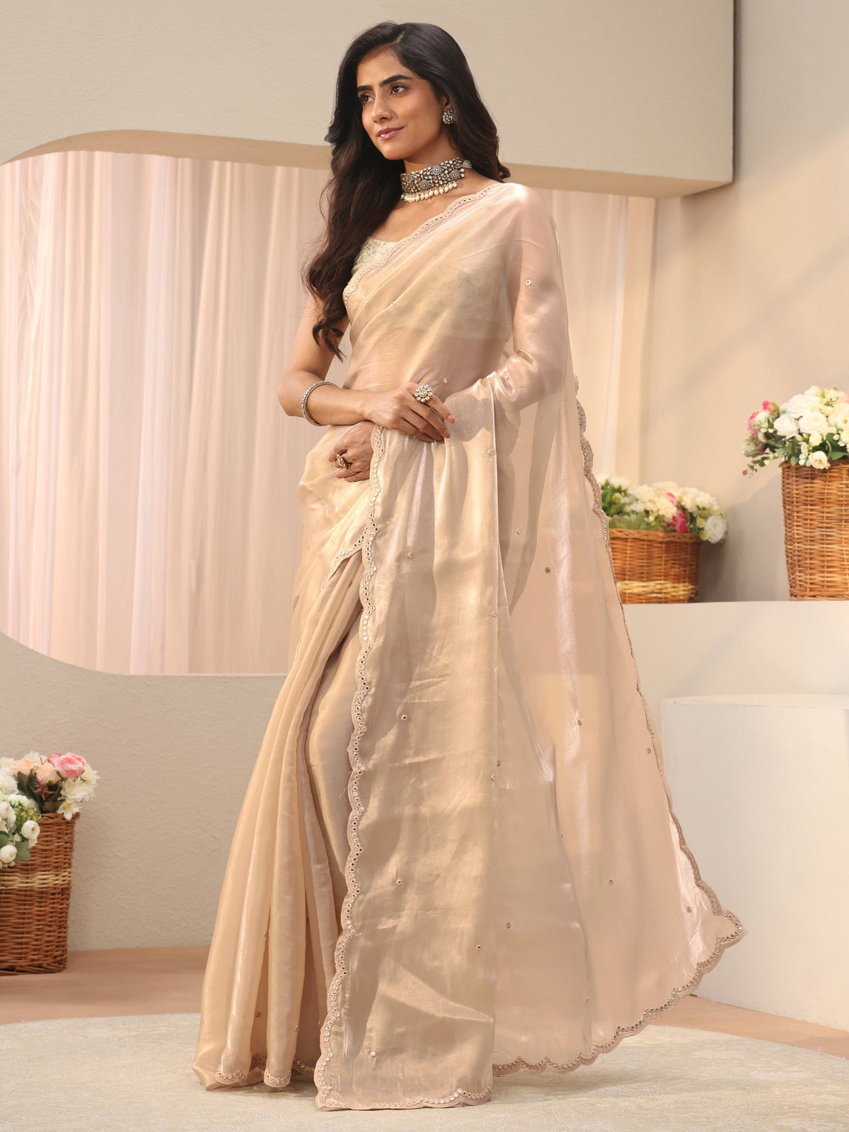 Anouk Ivory Mirror Work Organza Saree