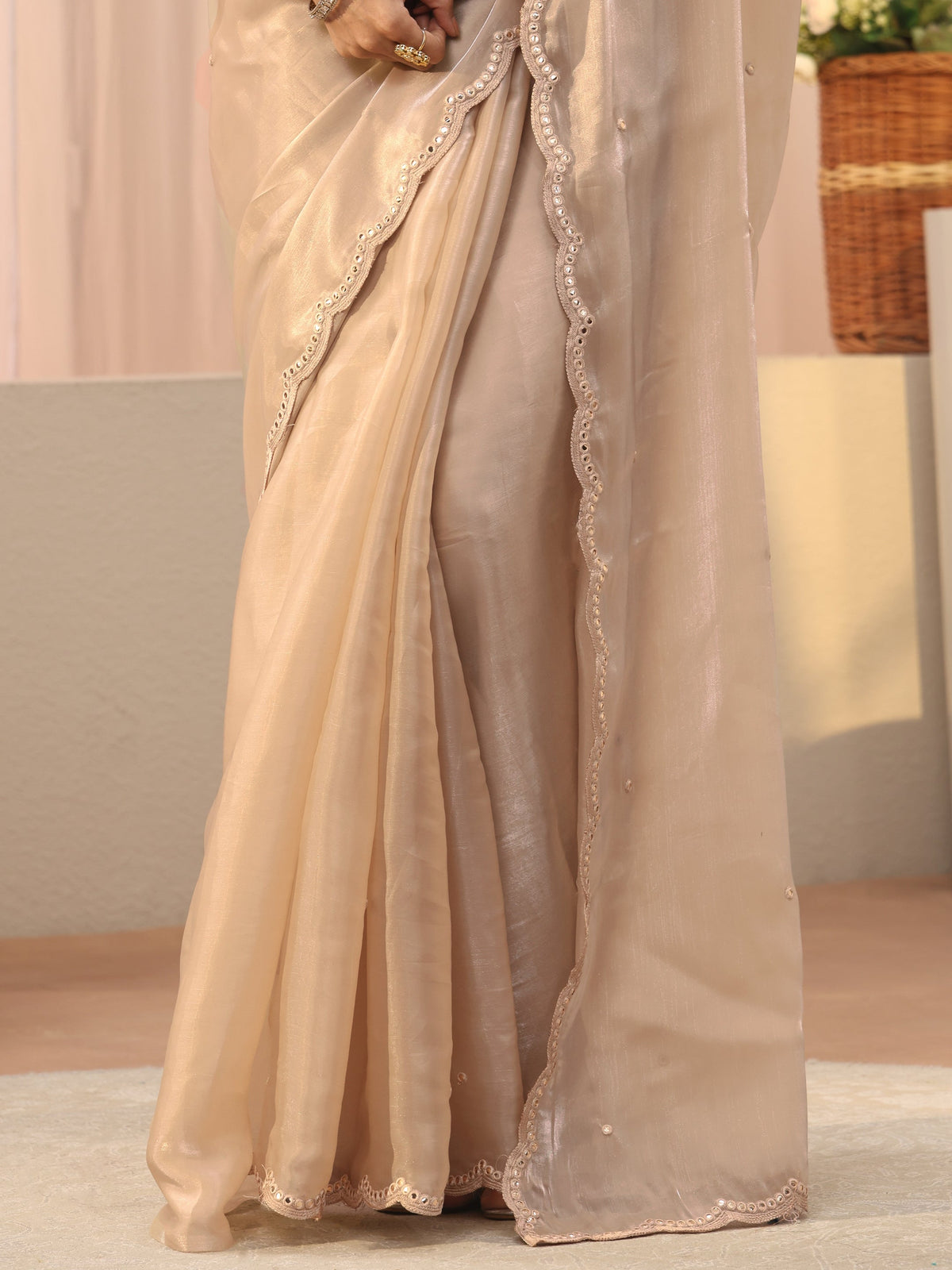 Anouk Ivory Mirror Work Organza Saree