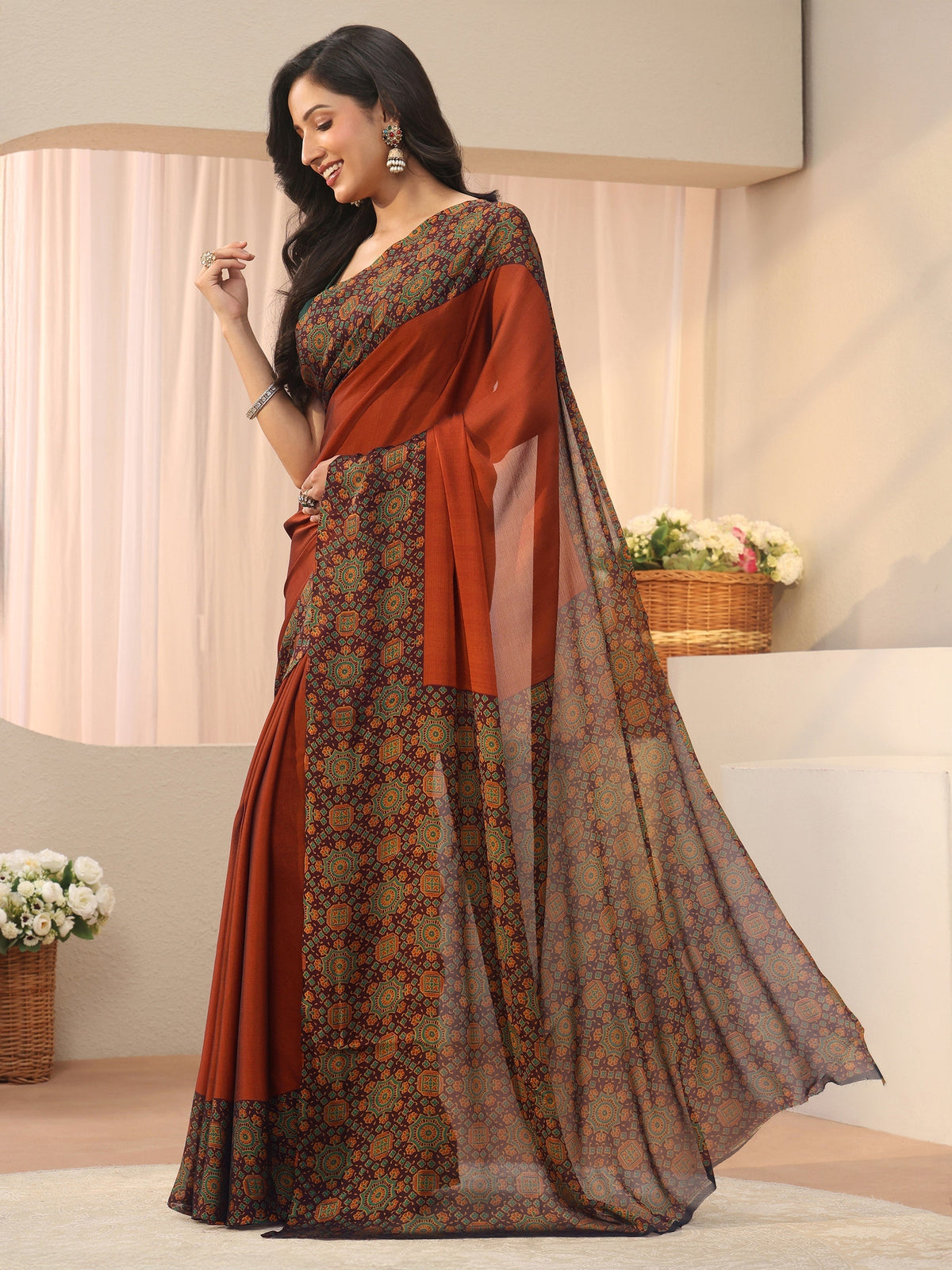 Anouk Rust Chiffon Saree with Printed Border