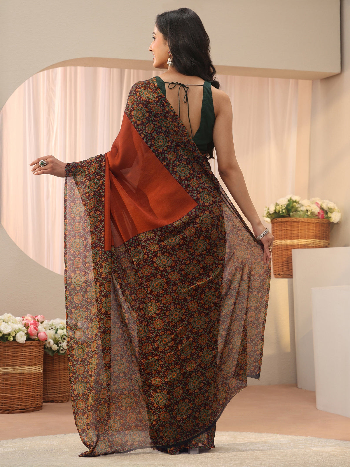 Anouk Rust Chiffon Saree with Printed Border