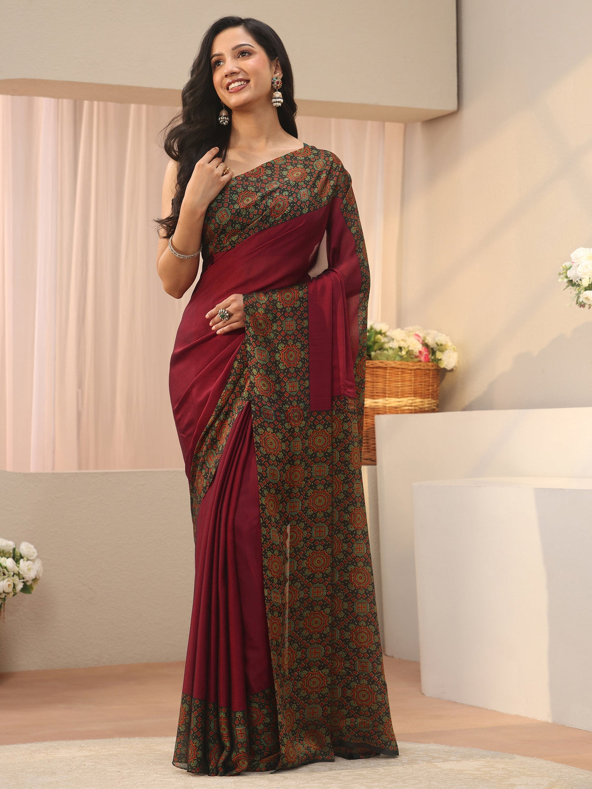 Anouk Maroon Chiffon Saree with Printed Border