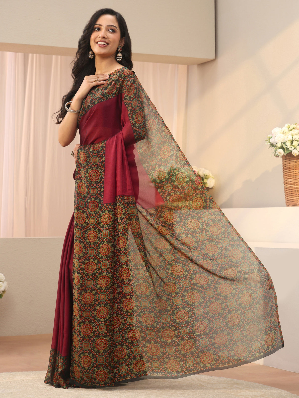 Anouk Maroon Chiffon Saree with Printed Border