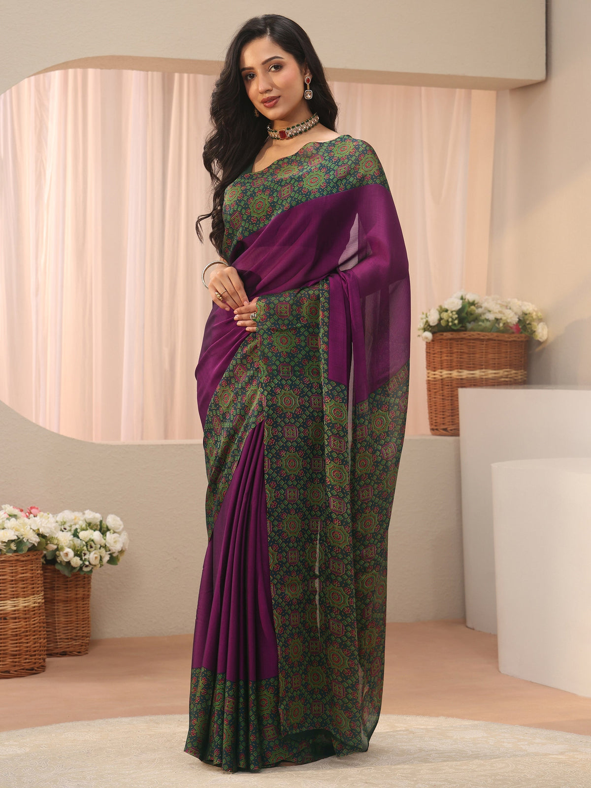 Anouk Burgundy Chiffon Saree with Printed Border