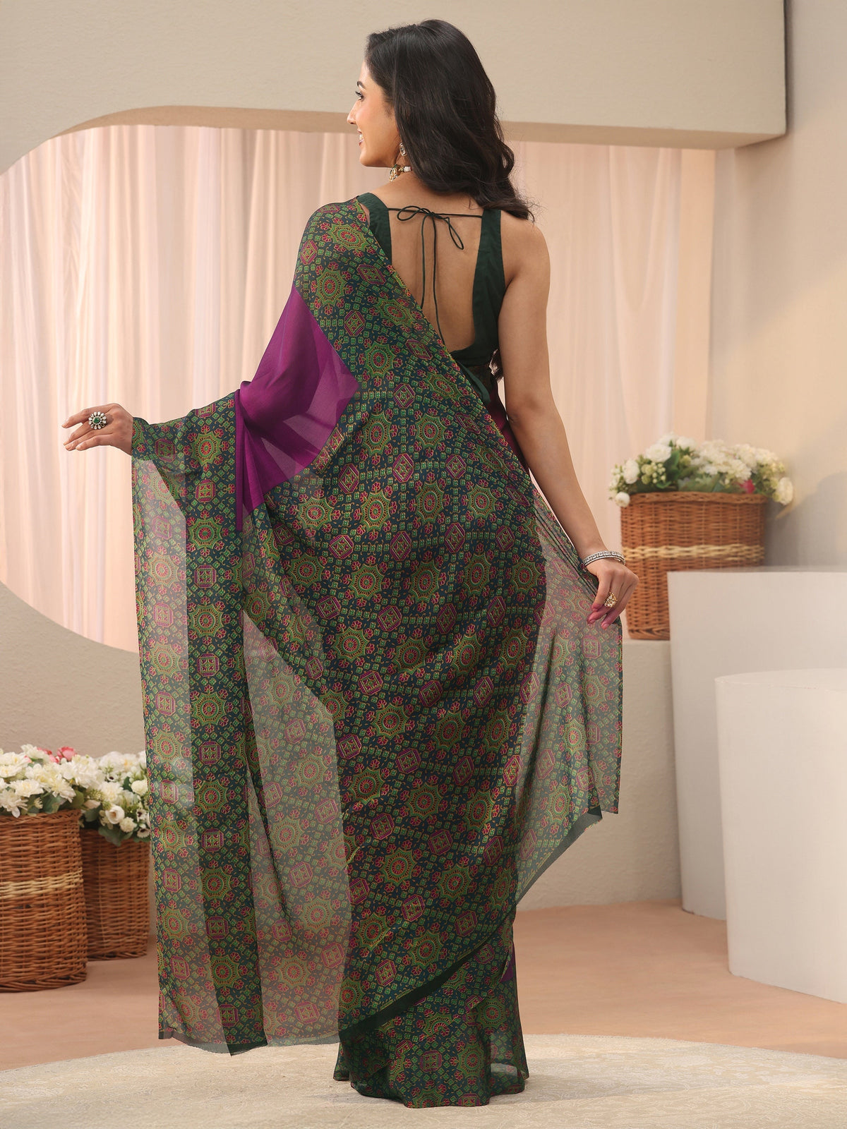 Anouk Burgundy Chiffon Saree with Printed Border