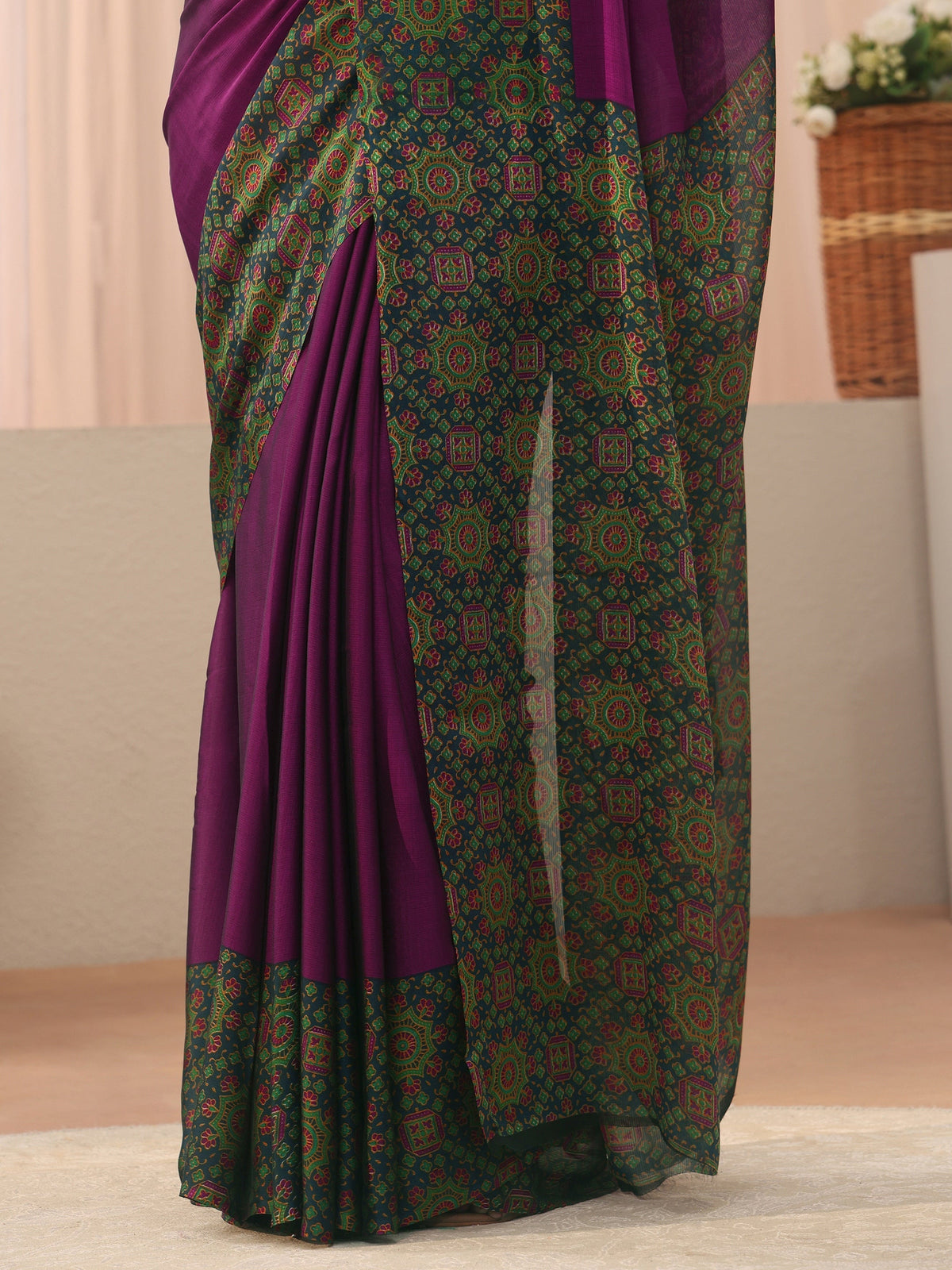 Anouk Burgundy Chiffon Saree with Printed Border