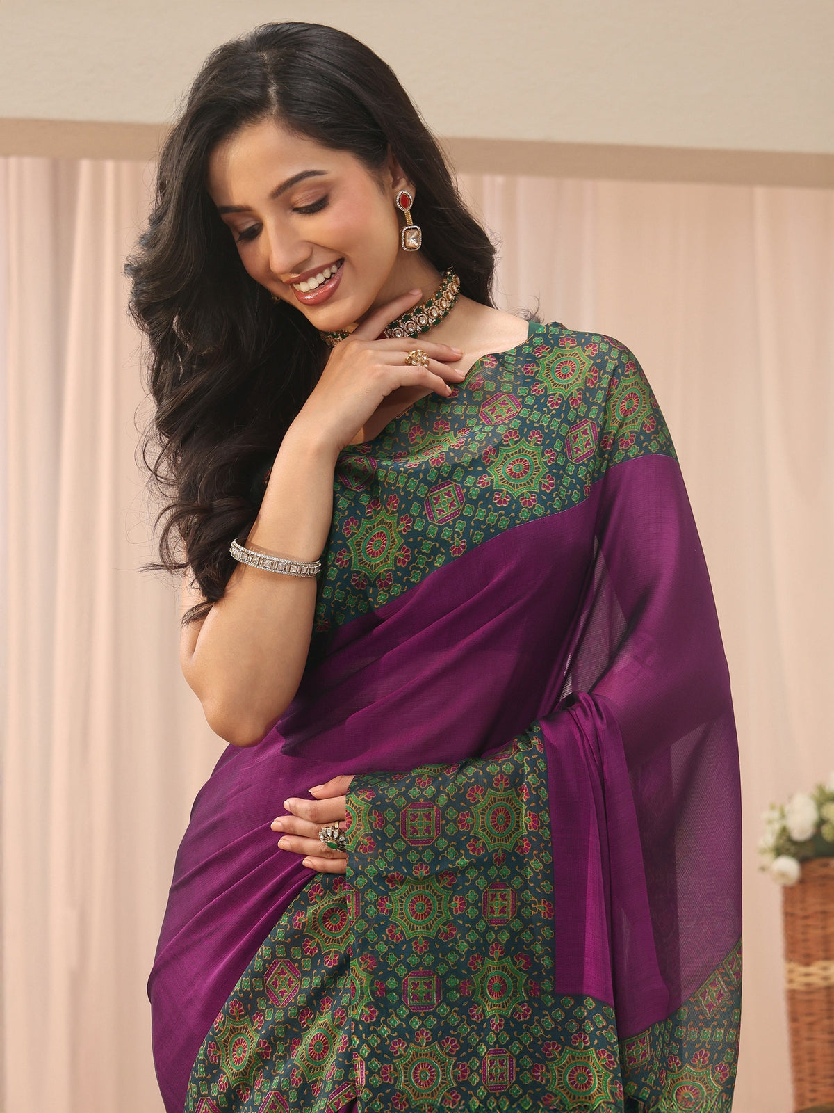 Anouk Burgundy Chiffon Saree with Printed Border