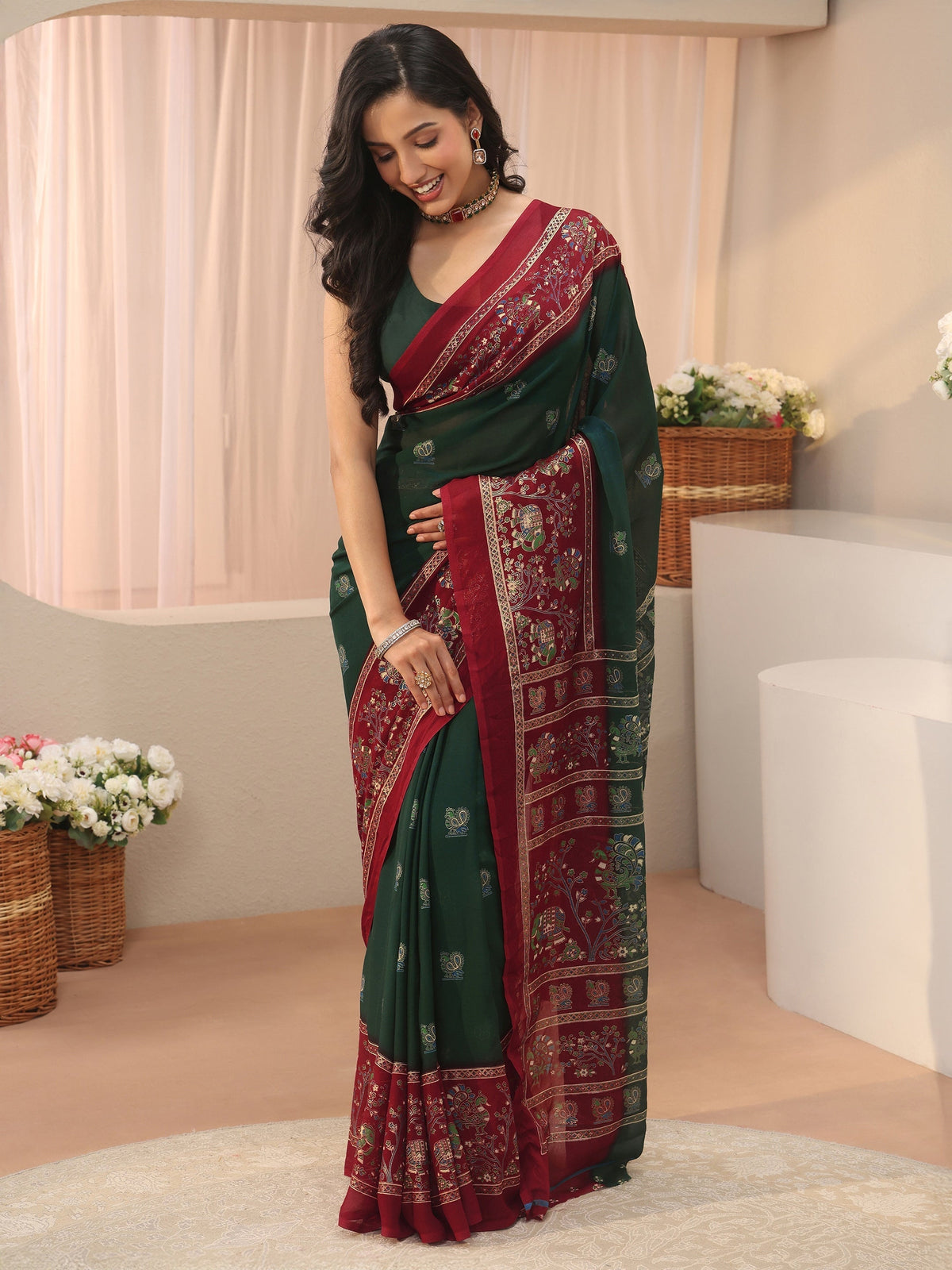 Anouk Green Ethnic Printed Georgette Saree