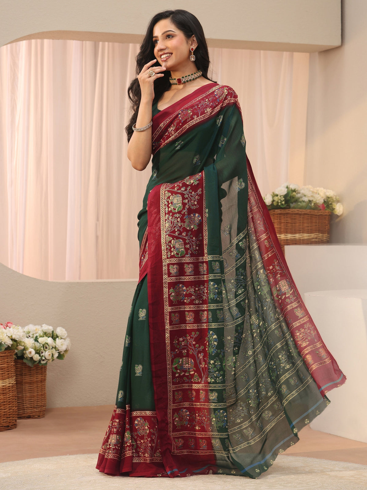 Anouk Green Ethnic Printed Georgette Saree