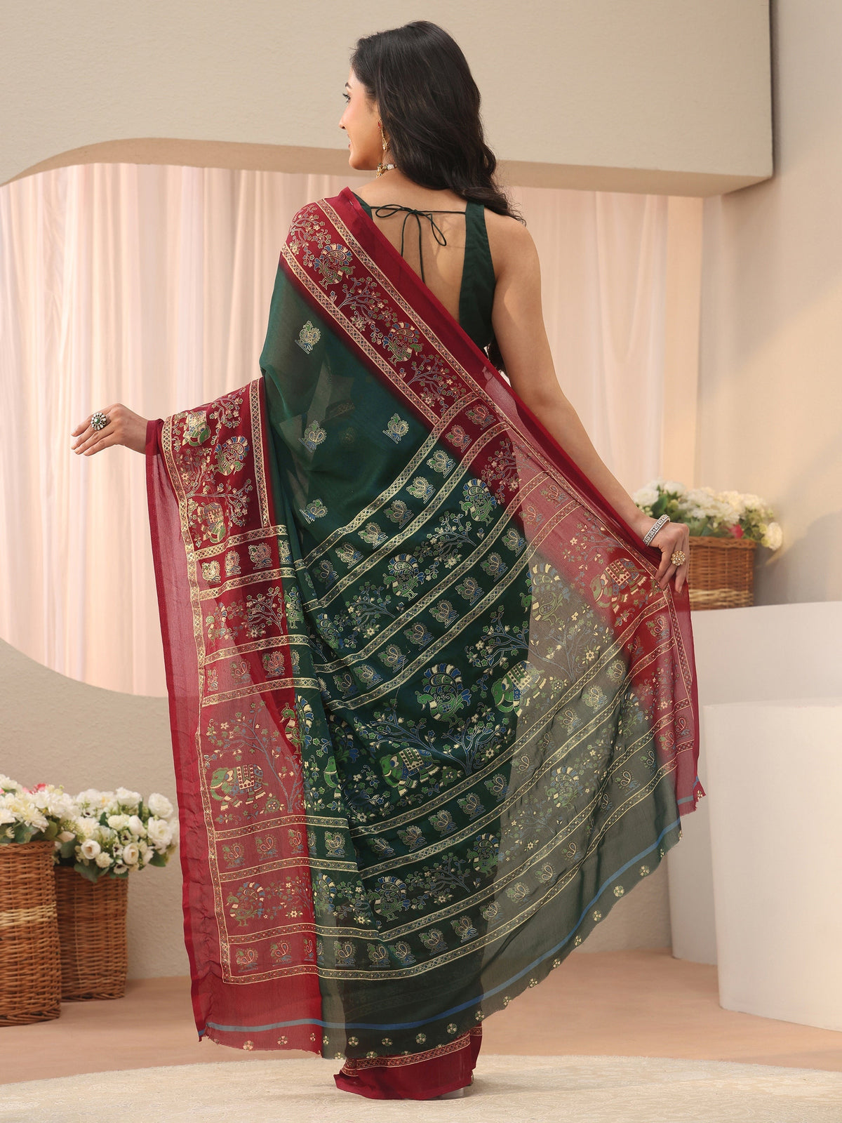 Anouk Green Ethnic Printed Georgette Saree