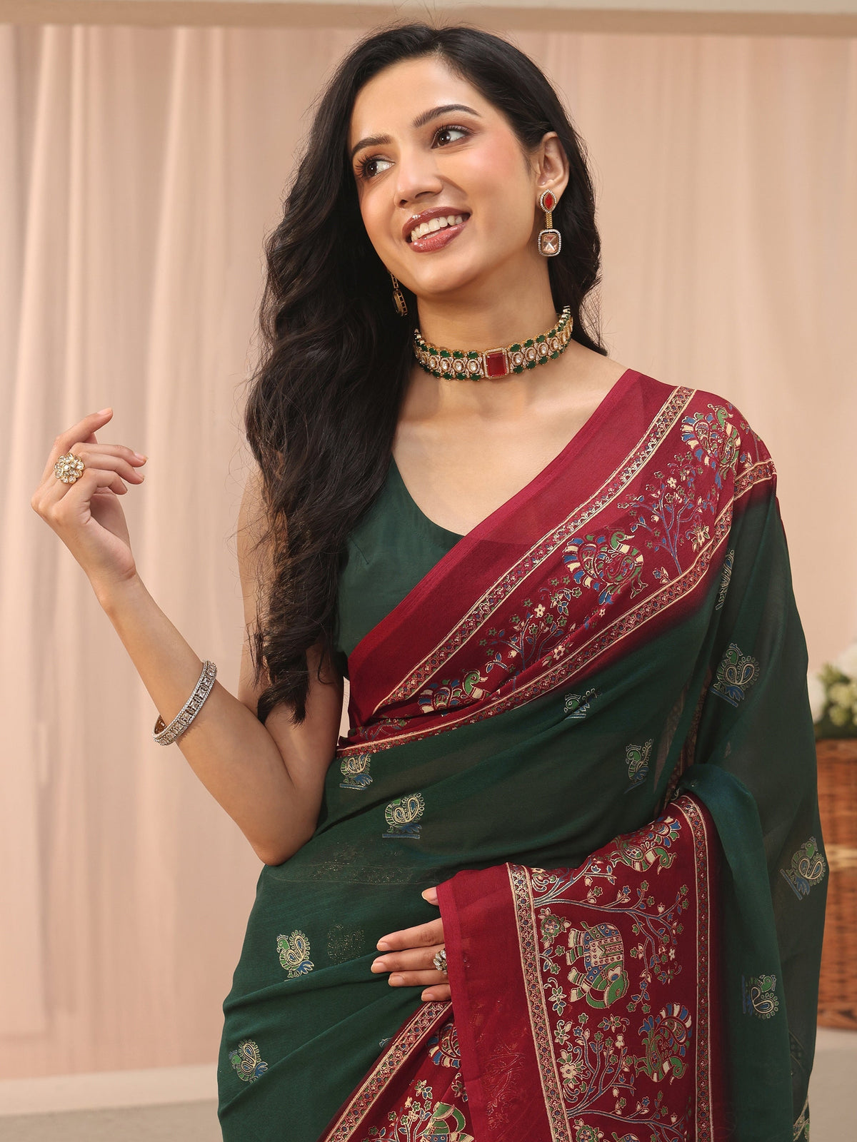 Anouk Green Ethnic Printed Georgette Saree