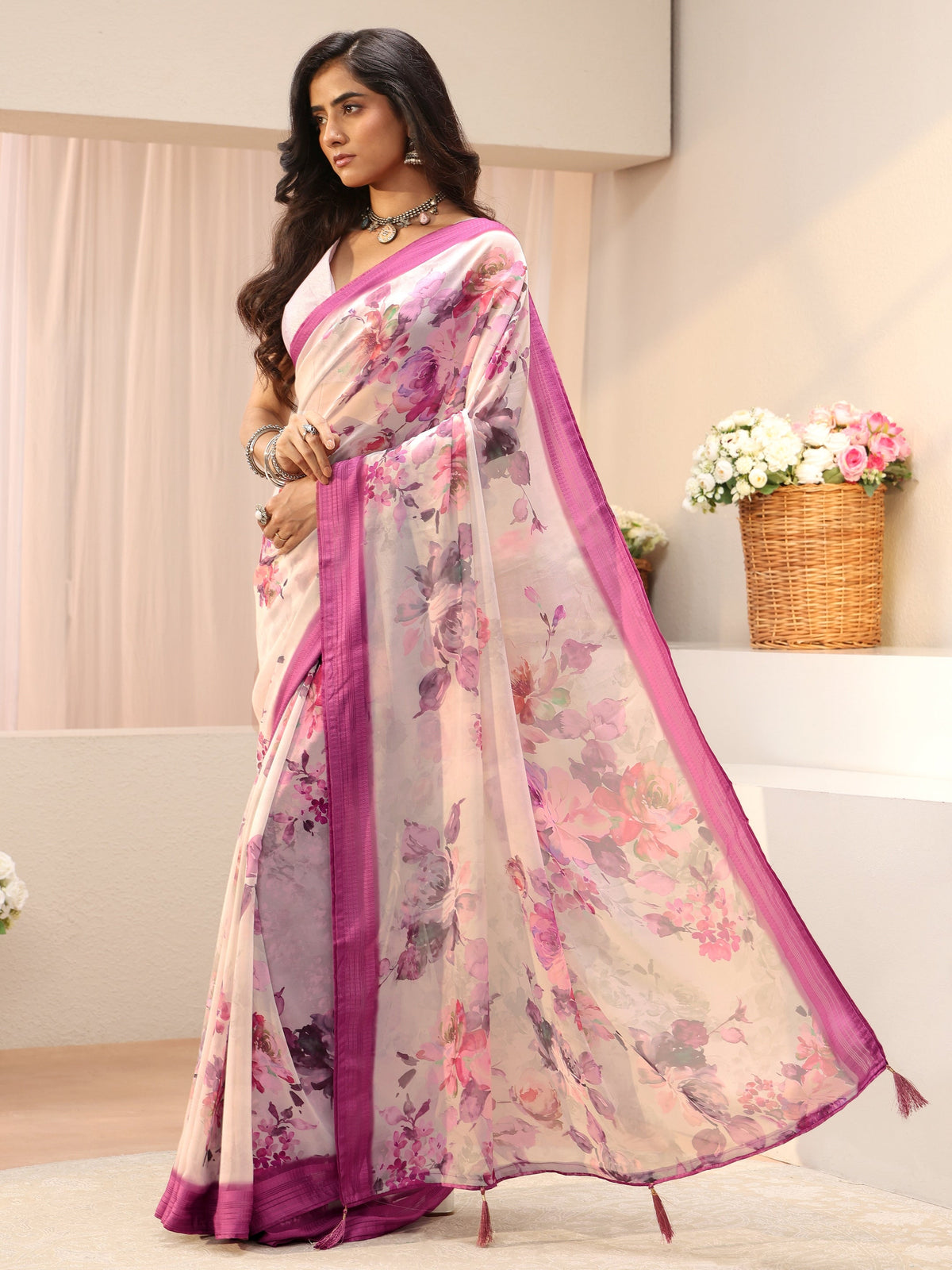 Anouk Off White Floral Printed Georgette Tassel Saree