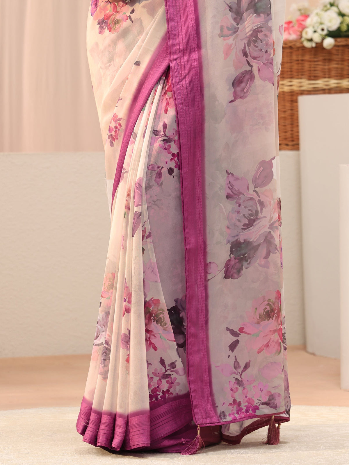 Anouk Off White Floral Printed Georgette Tassel Saree