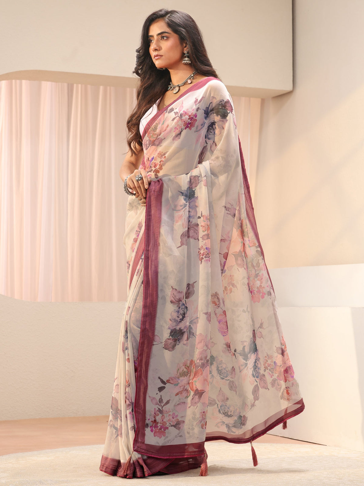 Anouk Off White Floral Printed Georgette Saree