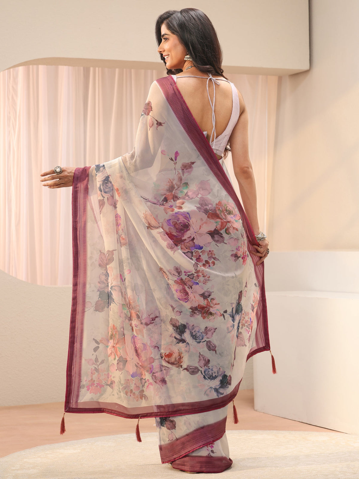 Anouk Off White Floral Printed Georgette Saree