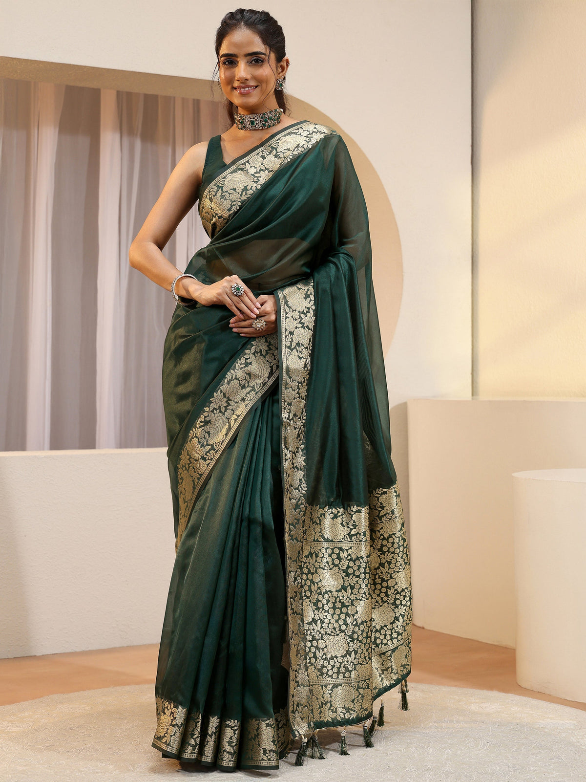Anouk Green Silk Blend Tassel Saree