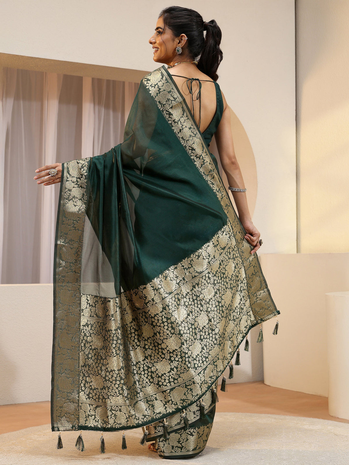 Anouk Green Silk Blend Tassel Saree