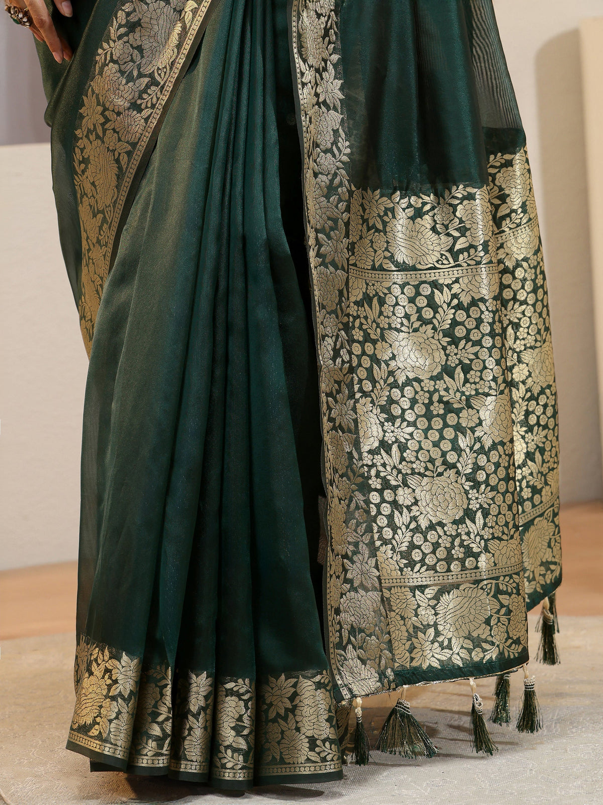 Anouk Green Silk Blend Tassel Saree