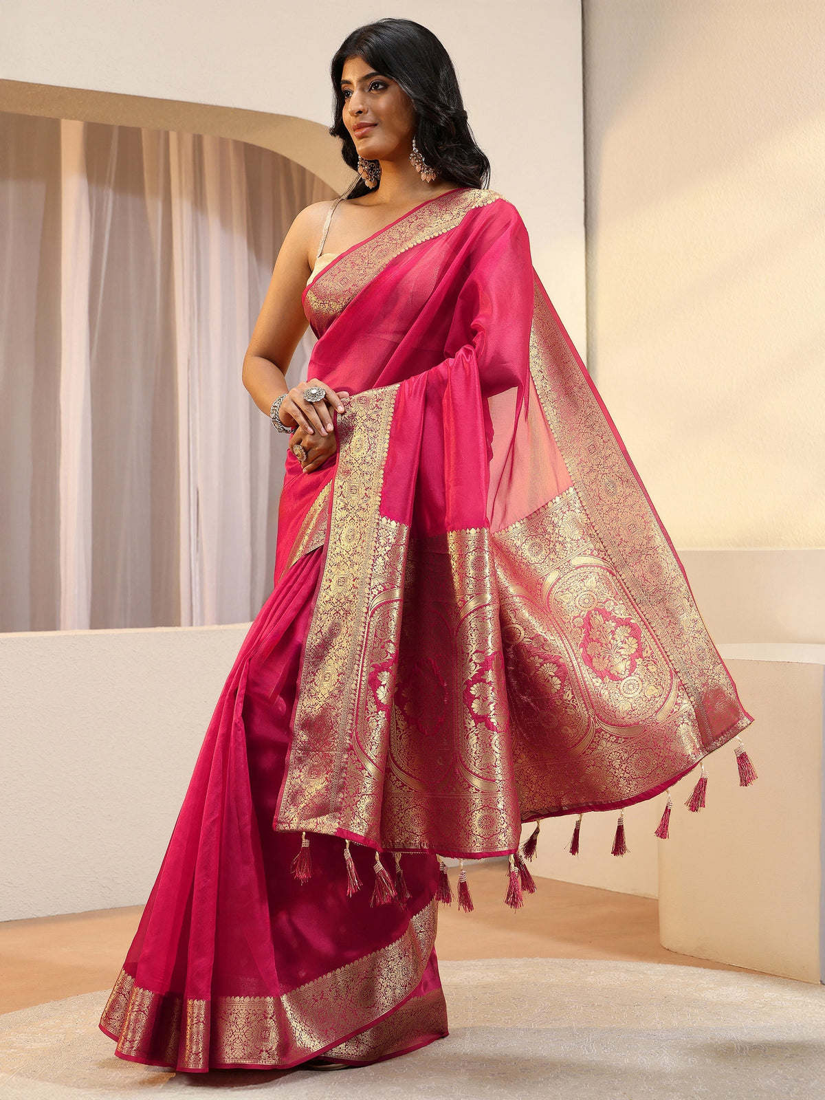 Anouk Pink Silk Blend Tassel Saree