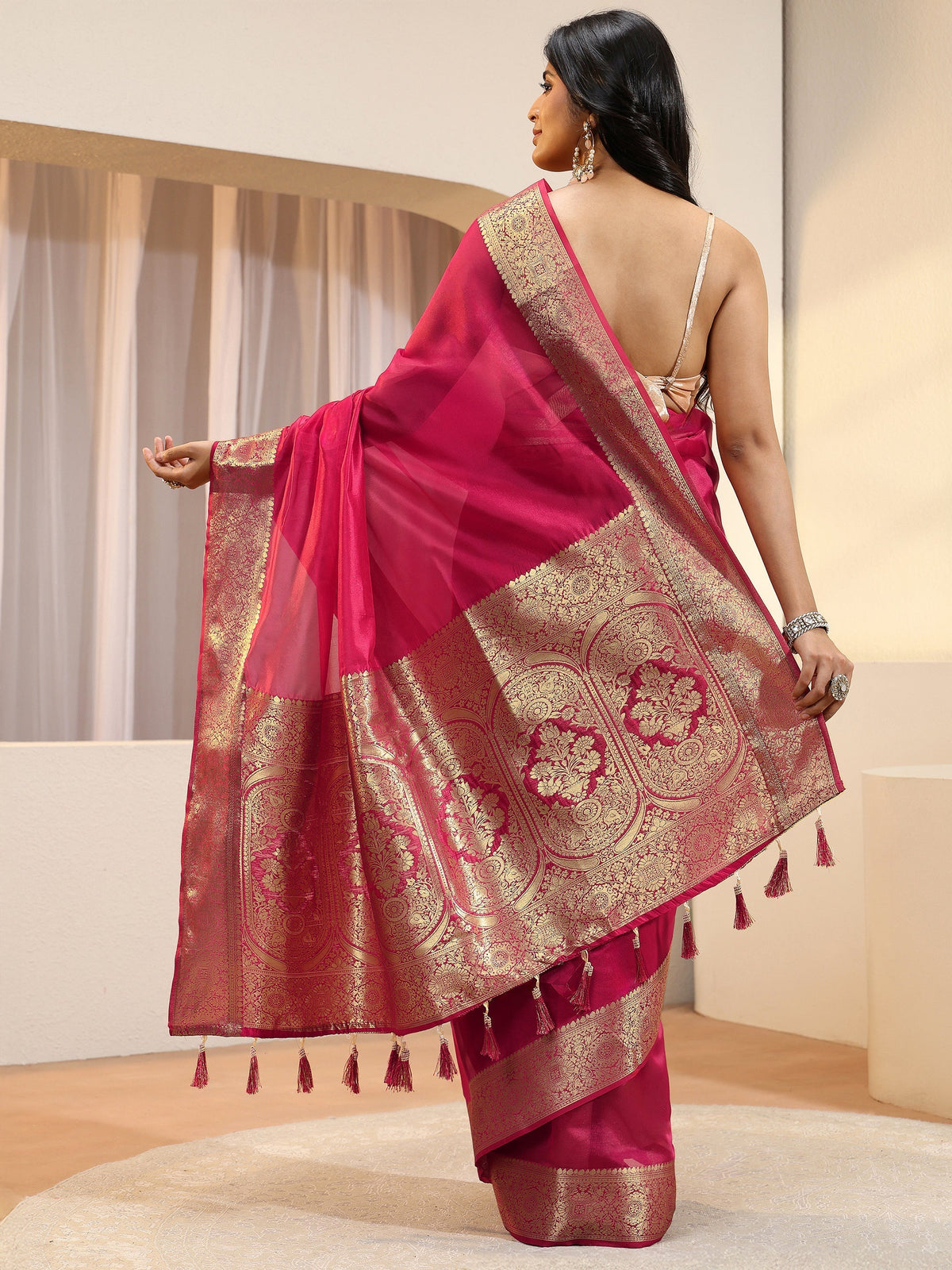 Anouk Pink Silk Blend Tassel Saree