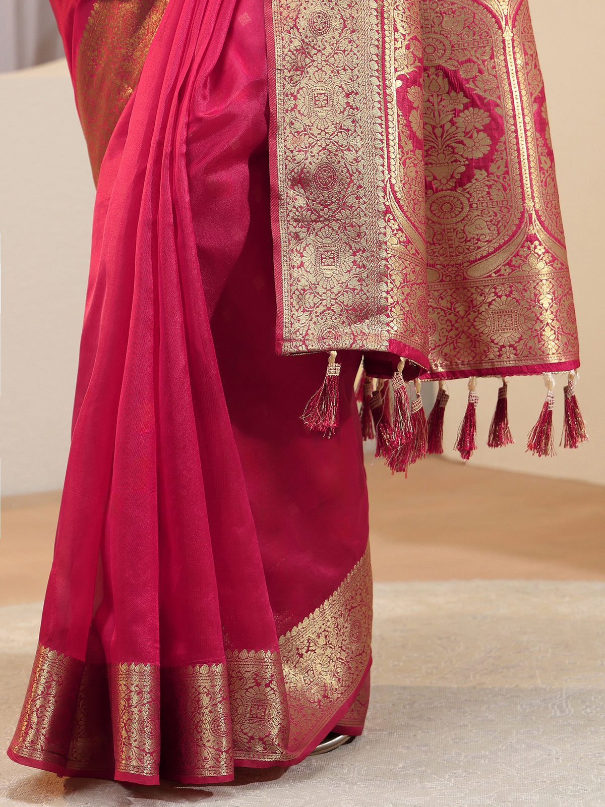 Anouk Pink Silk Blend Tassel Saree