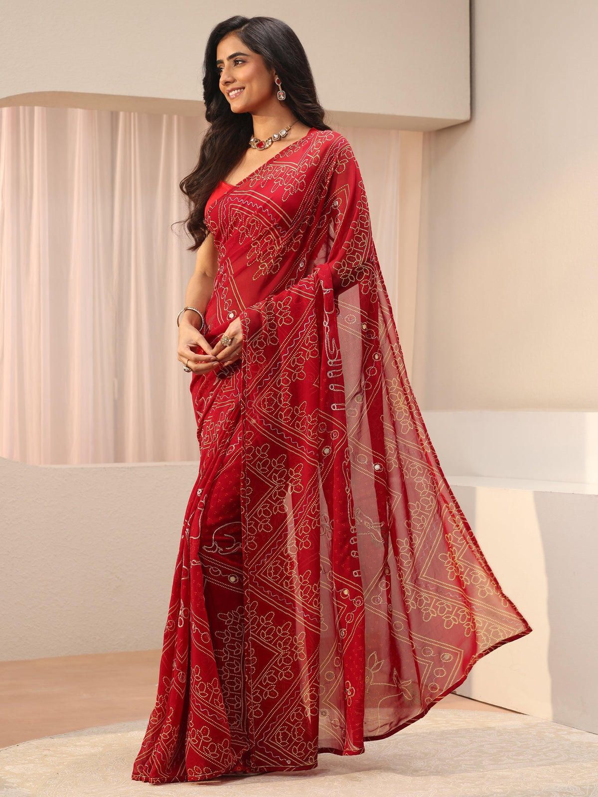 Anouk Red Bandhani Printed Georgette Saree