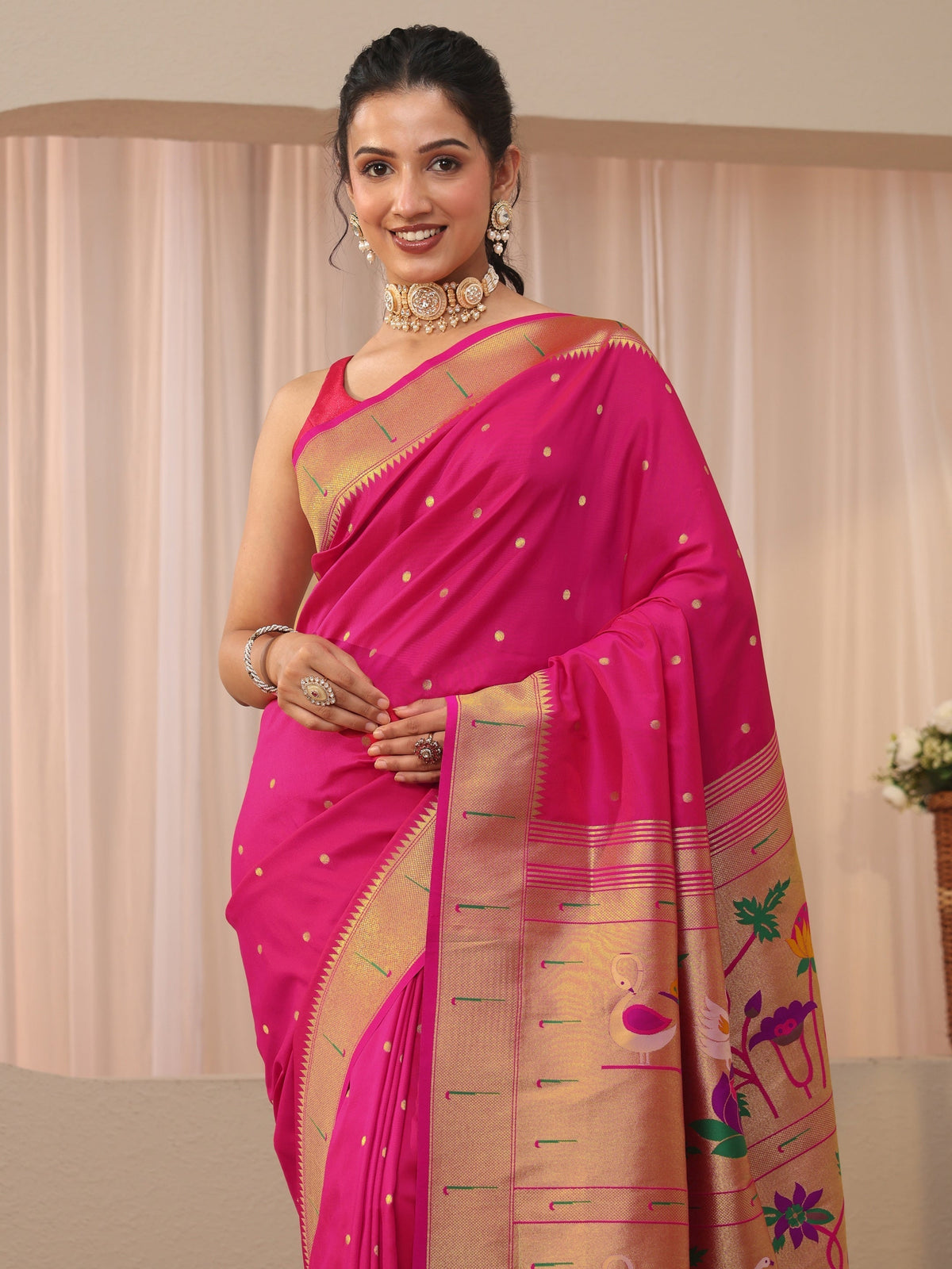 Anouk Pink Silk Blend Paithani Saree