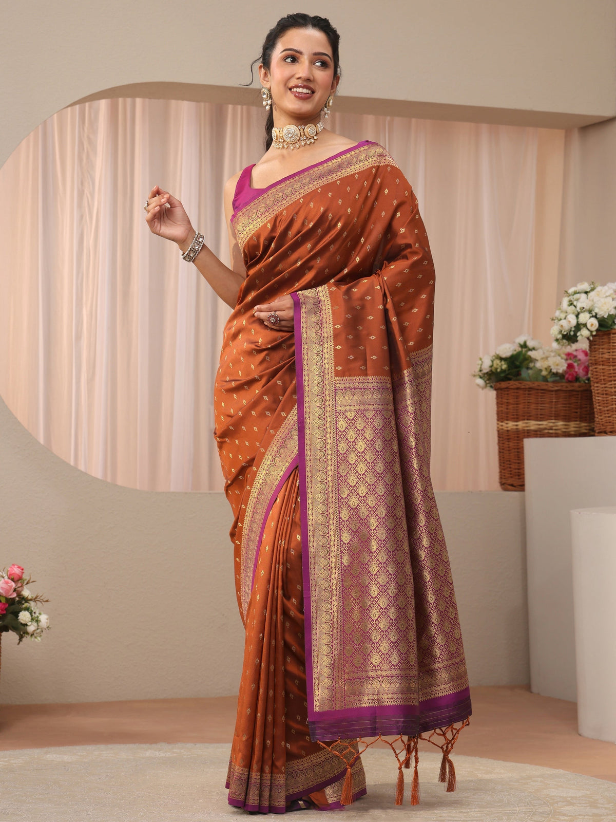 Anouk Rust Kanjeevaram Silk Blend Saree