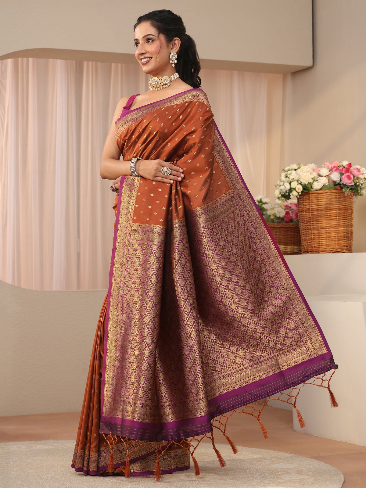 Anouk Rust Kanjeevaram Silk Blend Saree