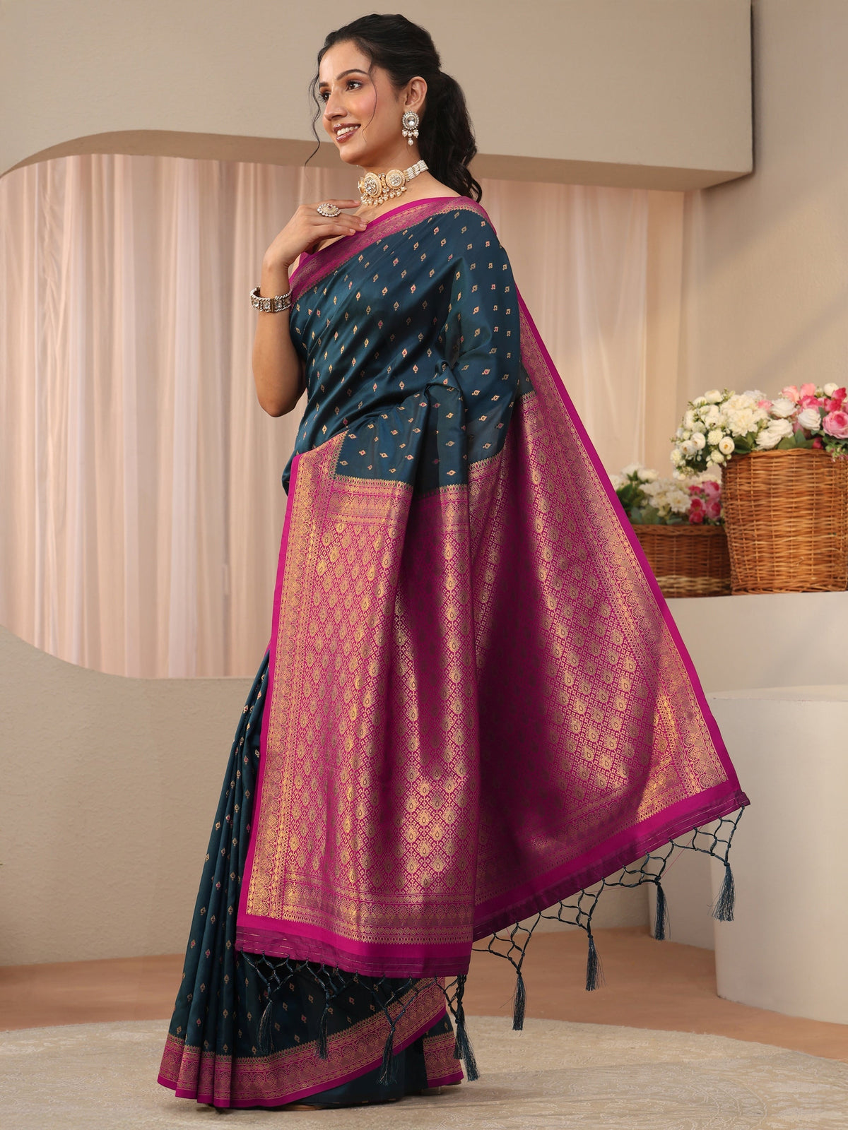 Anouk Navy Blue Kanjeevaram Silk Blend Saree