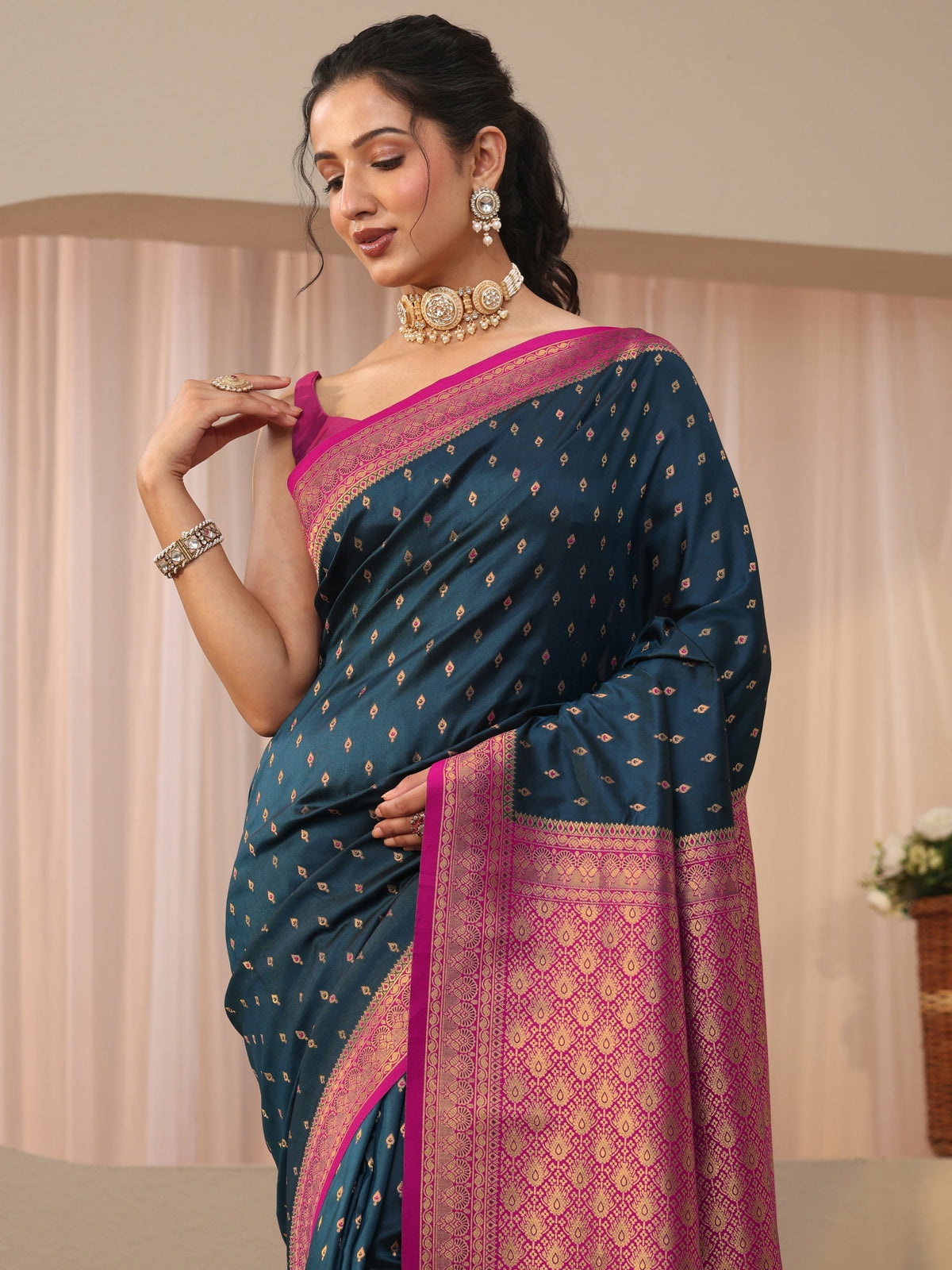 Anouk Navy Blue Kanjeevaram Silk Blend Saree