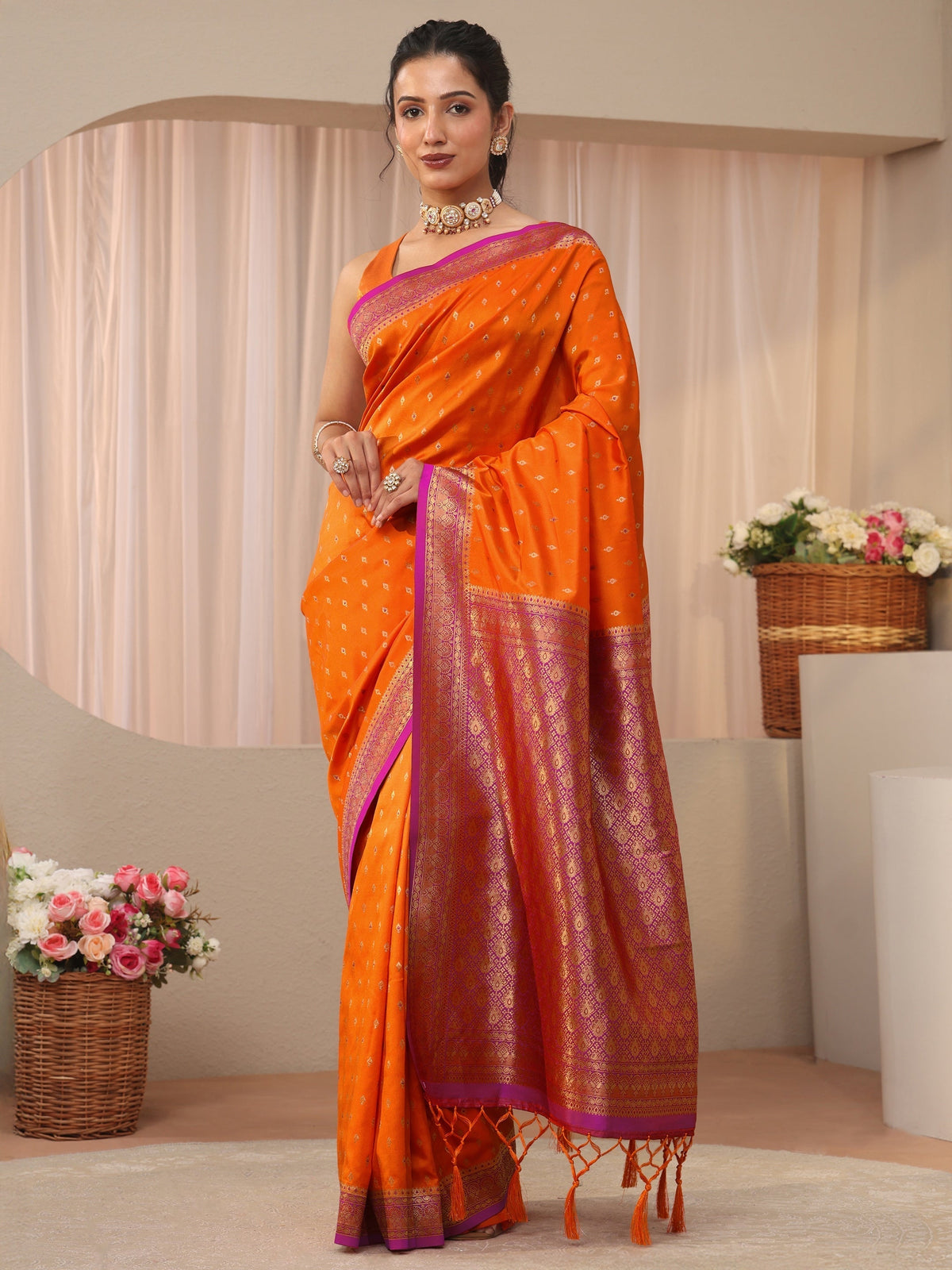 Anouk Orange Kanjeevaram Silk Blend Saree