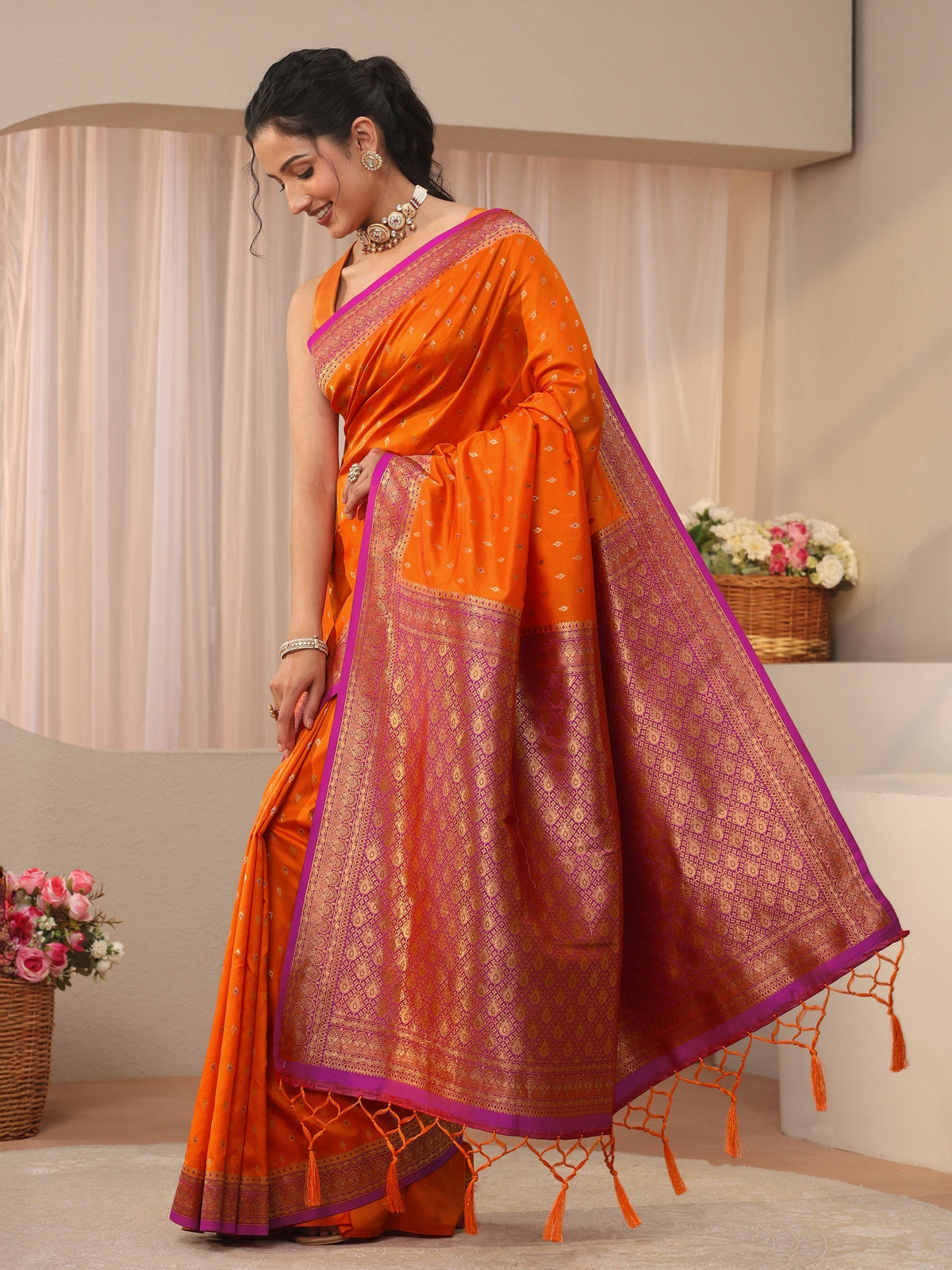 Anouk Orange Kanjeevaram Silk Blend Saree