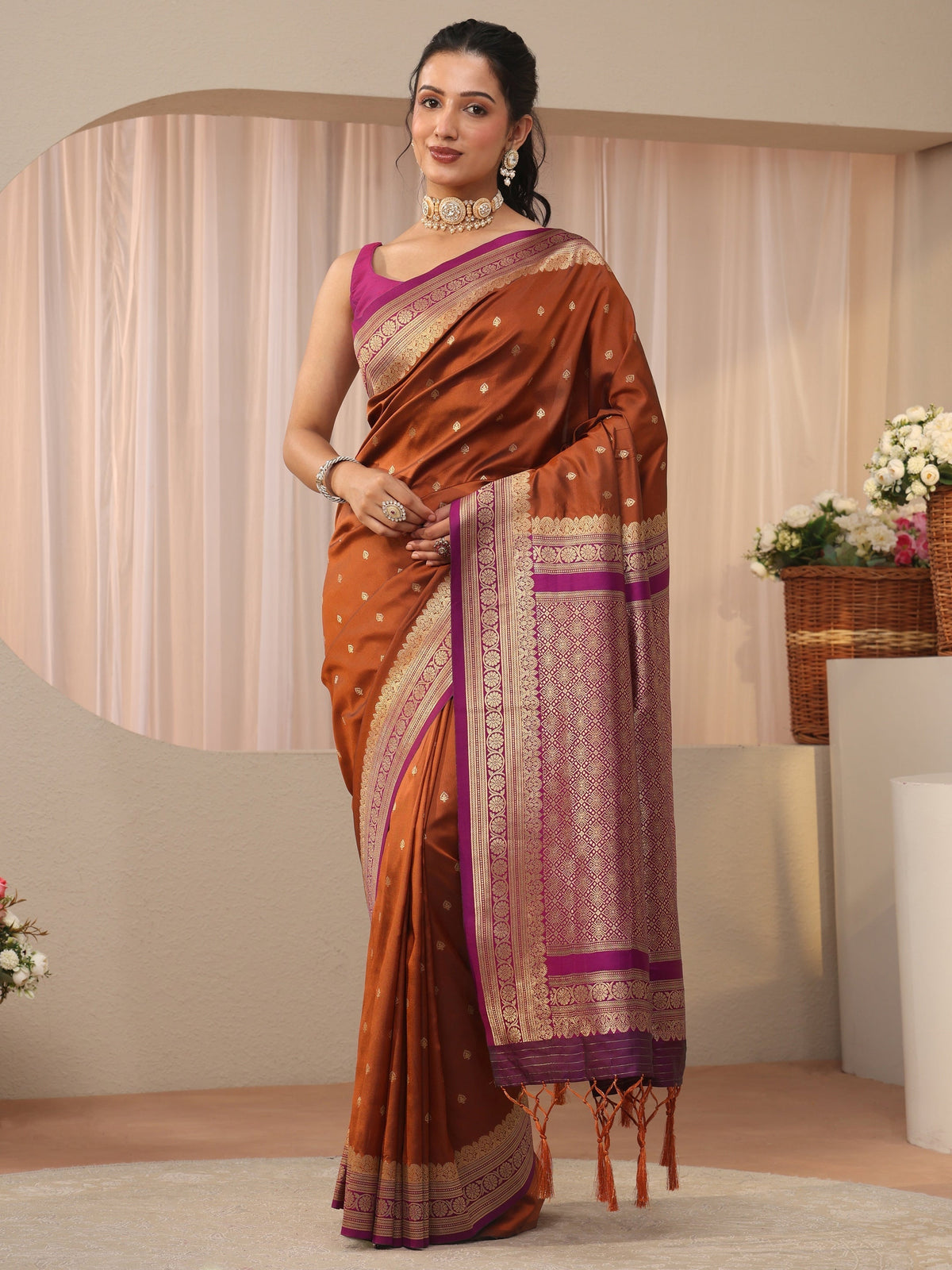 Anouk Rust Kanjeevaram Silk Blend Saree