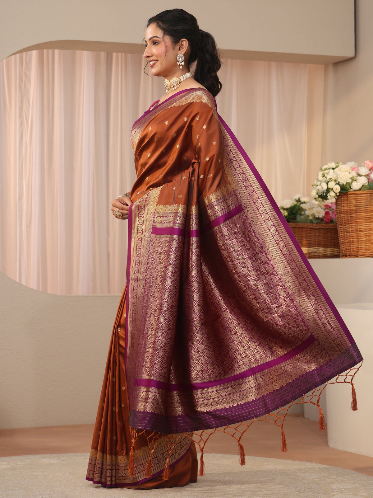 Anouk Rust Kanjeevaram Silk Blend Saree