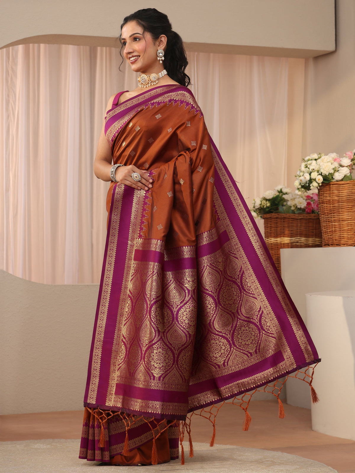 Anouk Rust Kanjeevaram Silk Blend Saree
