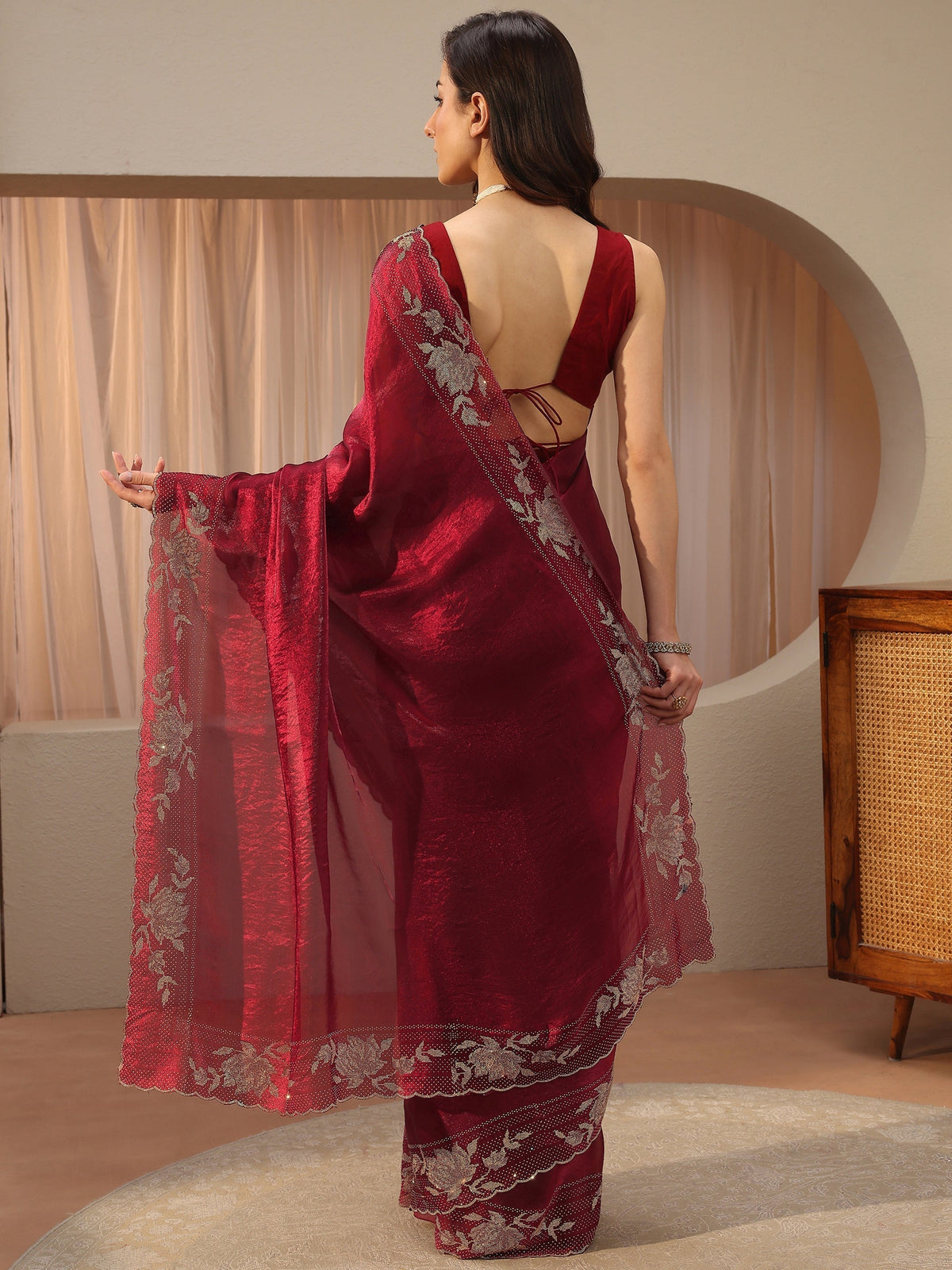 Anouk Art Maroon Tissue Saree With Embellished Border