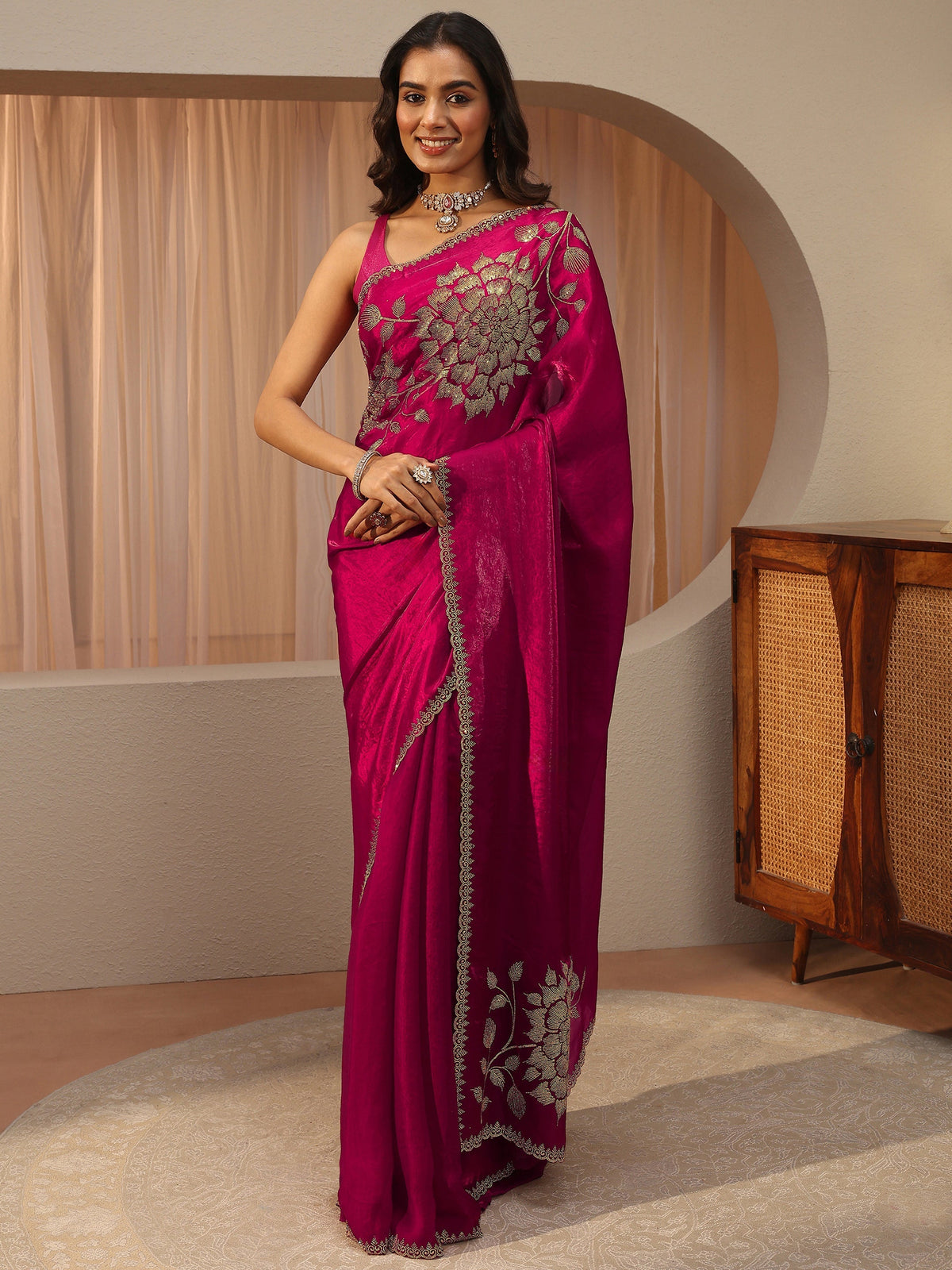 Anouk Pink Floral Embellished Tissue Saree