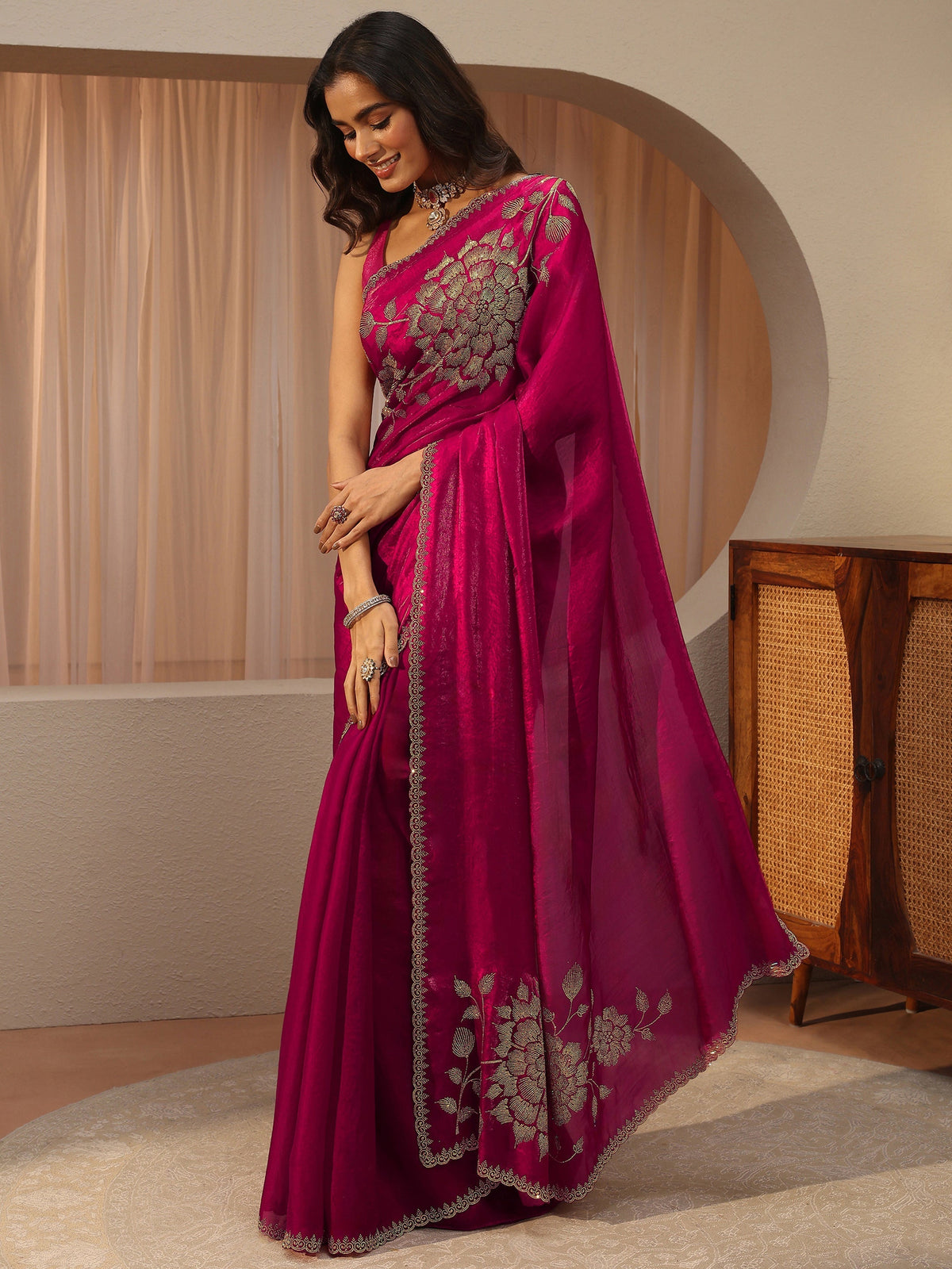 Anouk Pink Floral Embellished Tissue Saree