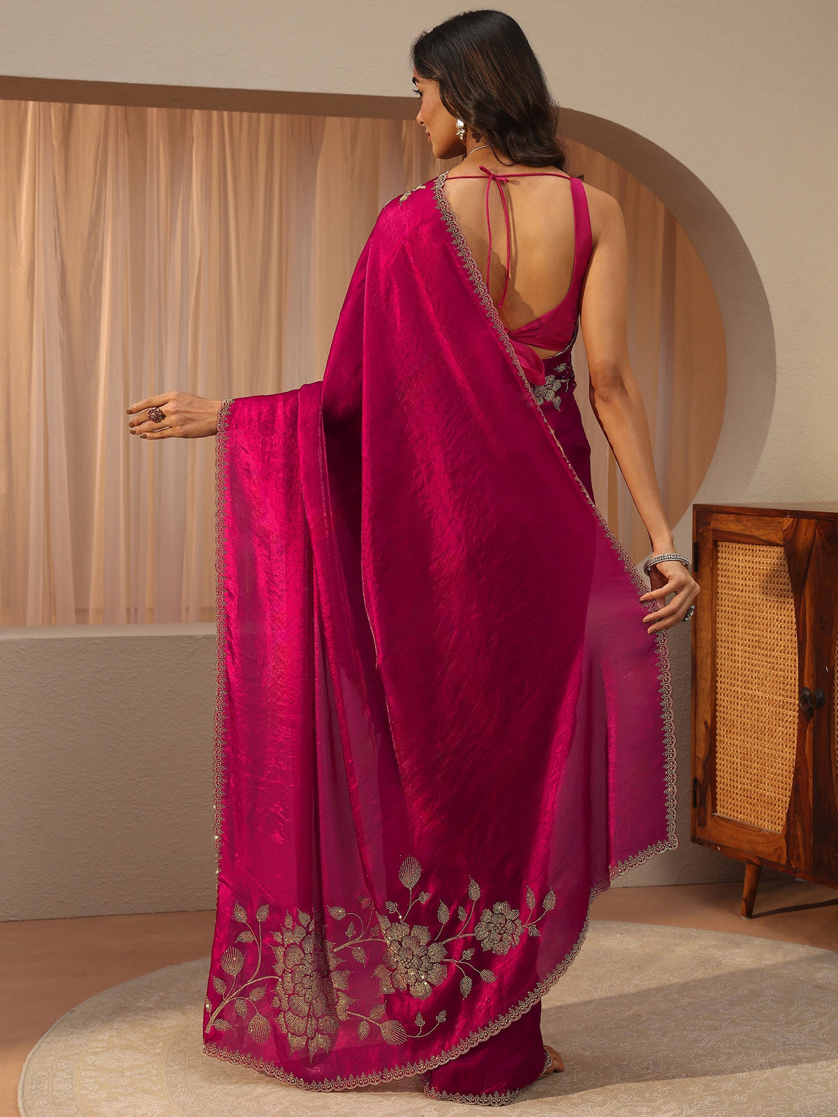 Anouk Pink Floral Embellished Tissue Saree