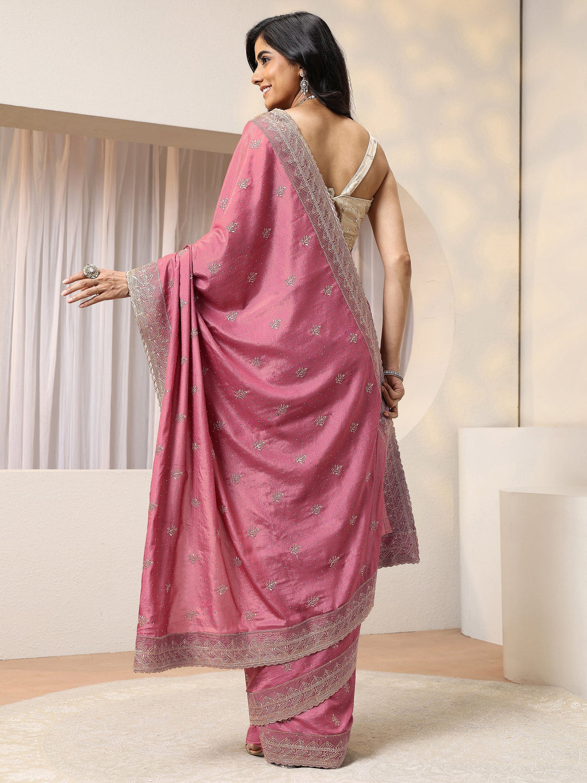 Anouk Dusty Pink Satin Saree With Embellished Border