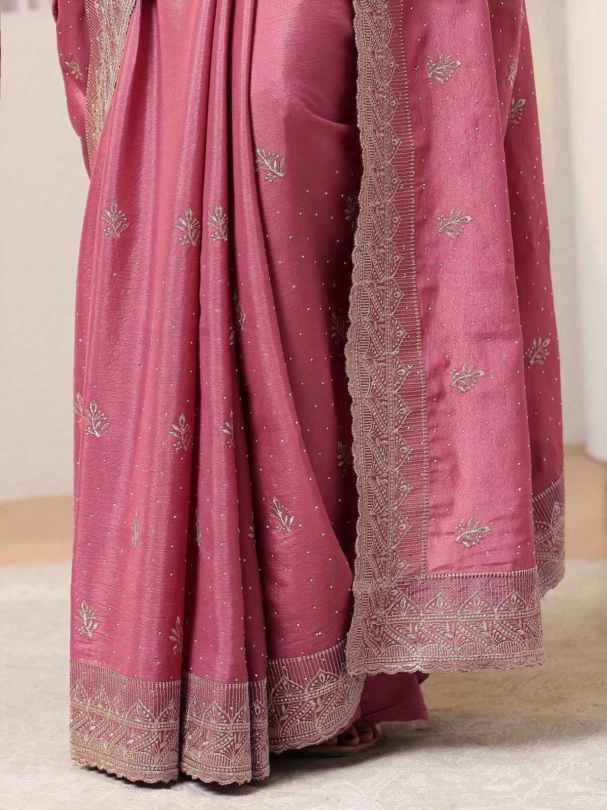 Anouk Dusty Pink Satin Saree With Embellished Border