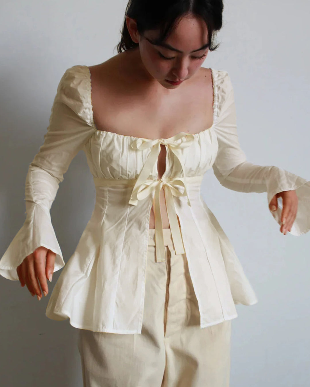 Full Bell Sleeves Tie-Up Front Peplum Top in Classic White