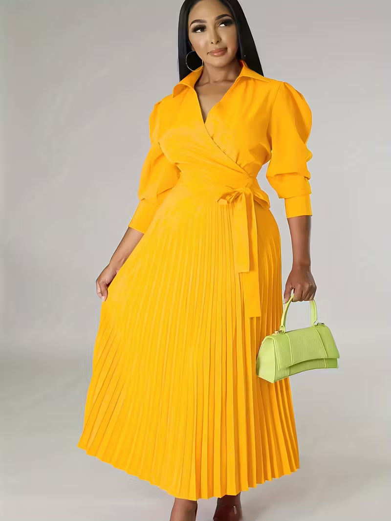Women’s High-Waisted Polo Collar Dress | Casual Pleated Comfort Dress for Daily Wear